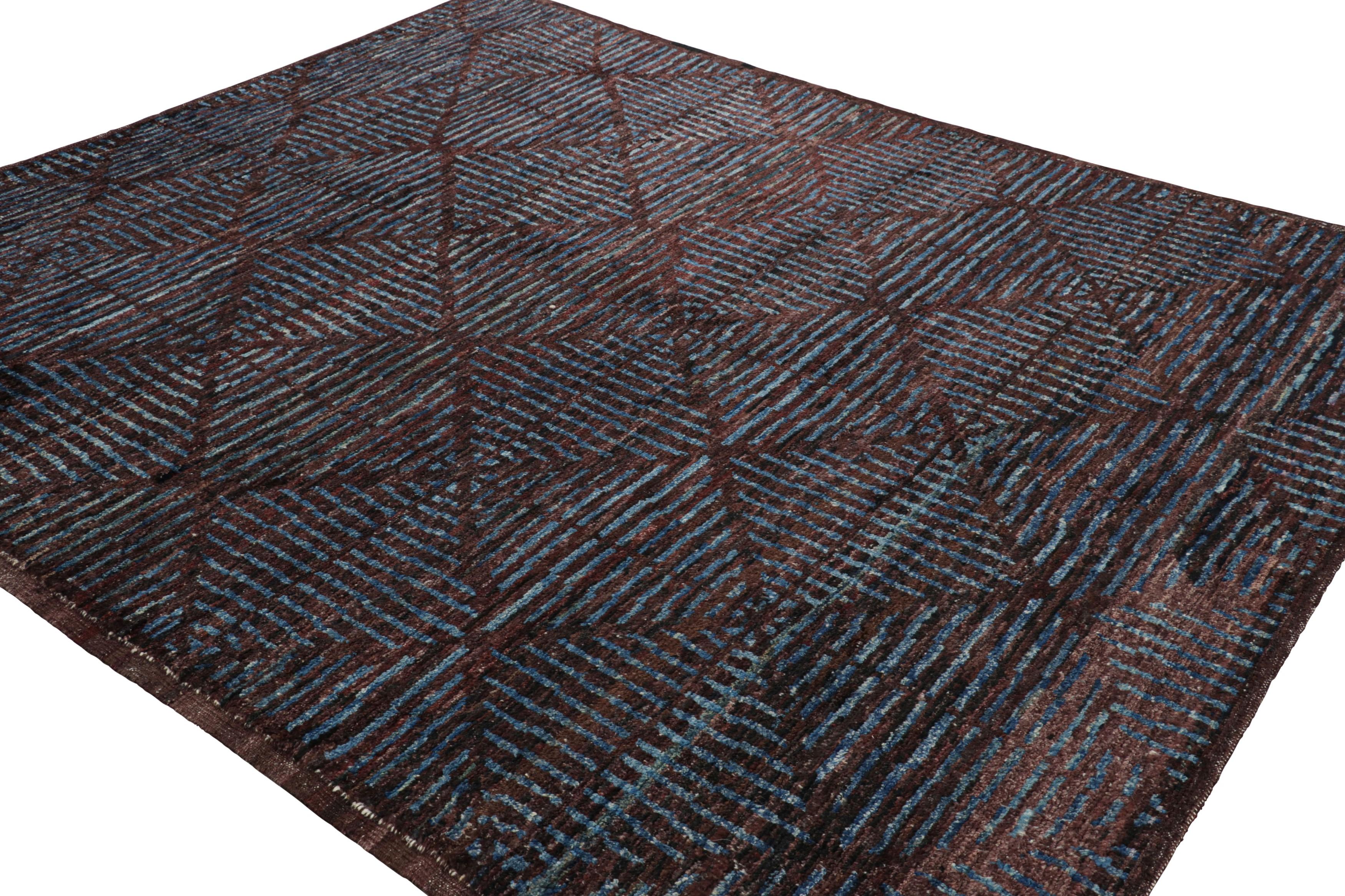 Hand-Knotted Rug & Kilim’s Moroccan Style Rug in Burgundy with Blue Geometric Patterns For Sale