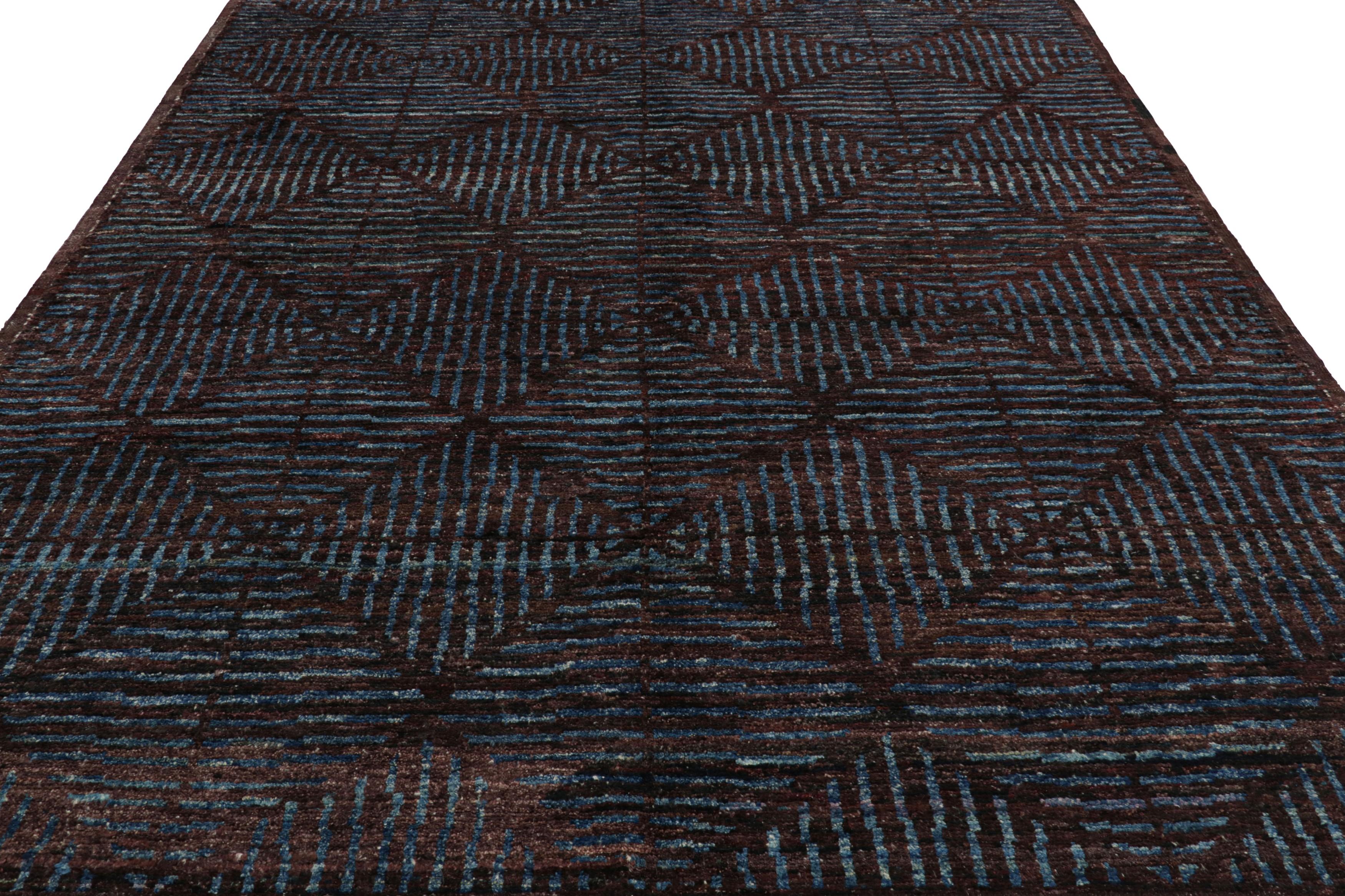 Rug & Kilim’s Moroccan Style Rug in Burgundy with Blue Geometric Patterns In New Condition For Sale In Long Island City, NY