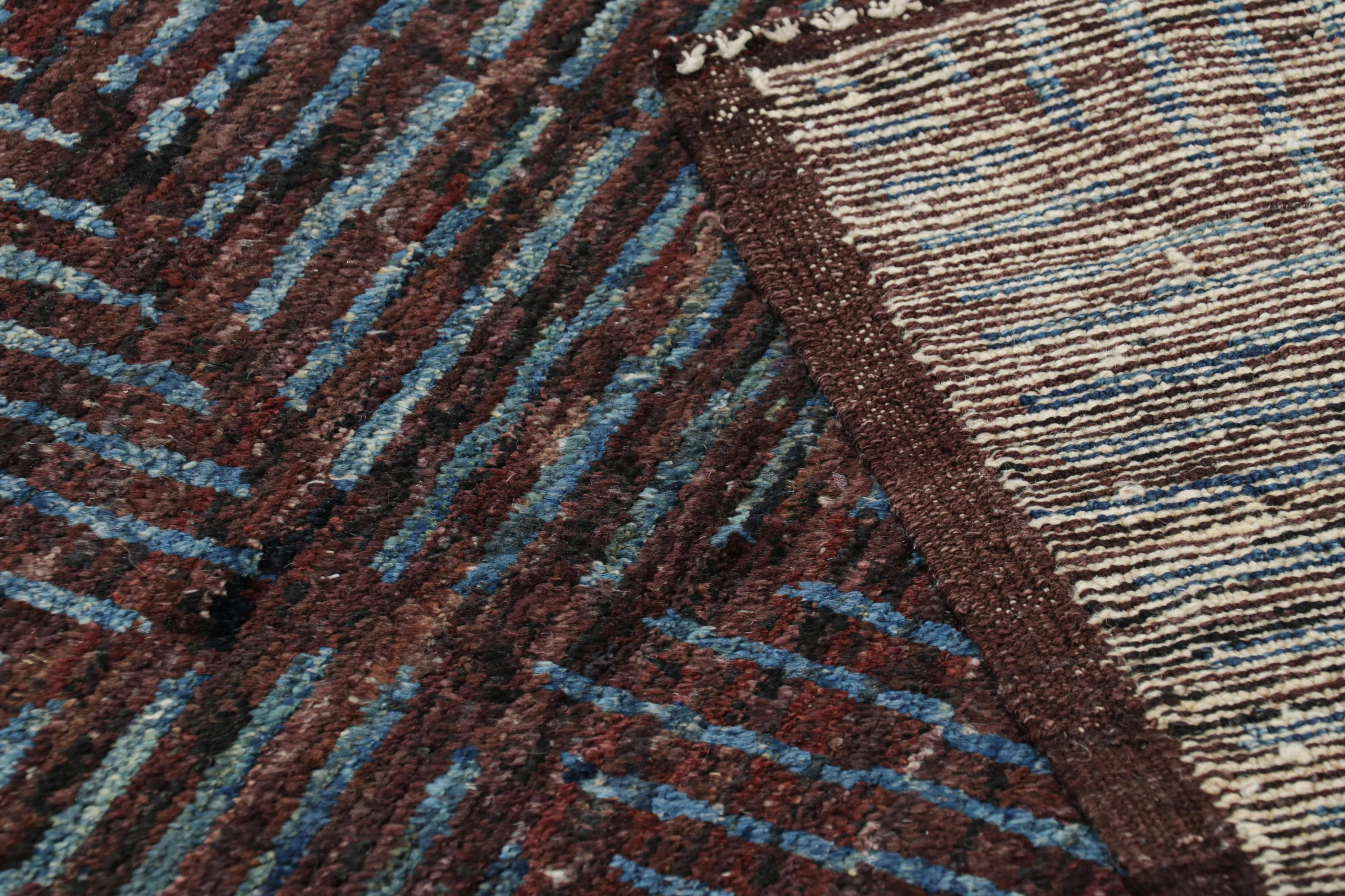 Wool Rug & Kilim’s Moroccan Style Rug in Burgundy with Blue Geometric Patterns For Sale