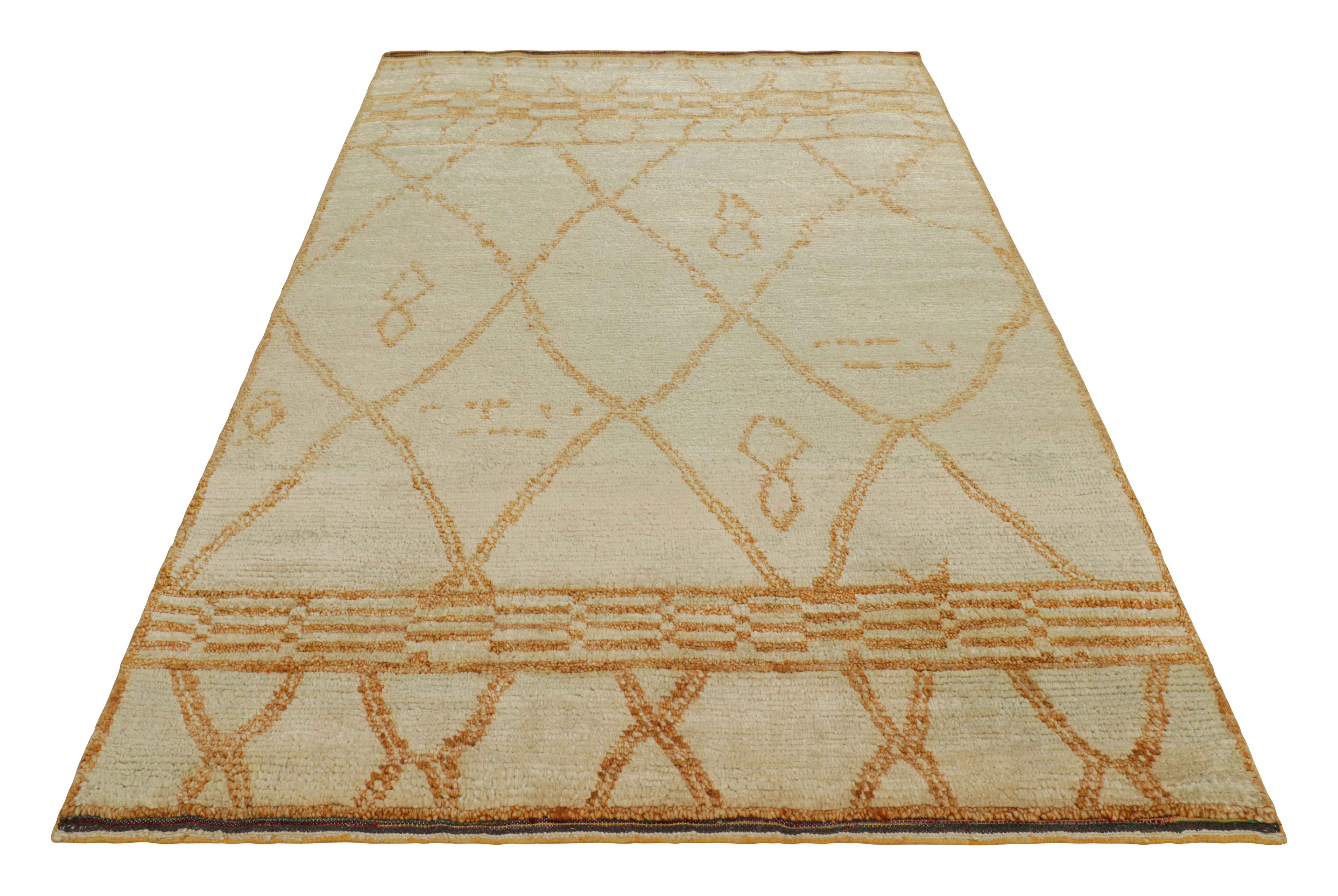 Hand-Knotted Rug & Kilim’s Moroccan Style Rug in Cream with Orange Geometric Patterns For Sale