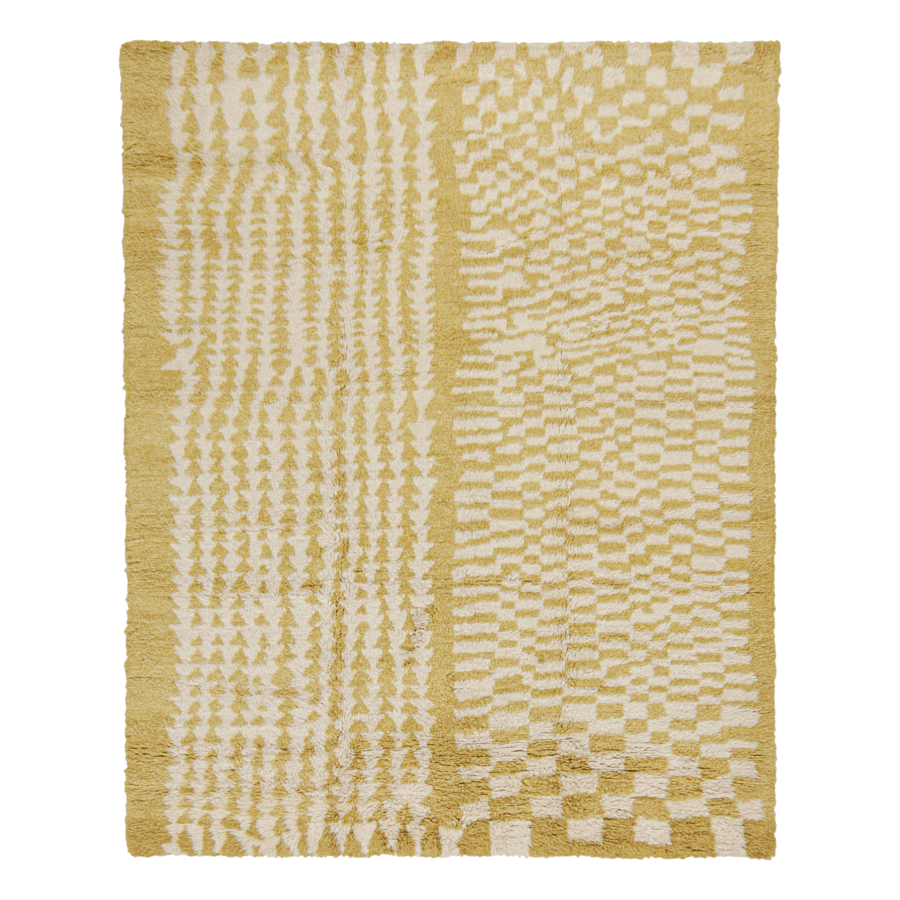 Rug & Kilim’s Moroccan Style Rug in Gold & White Geometric Pattern, High Pile For Sale