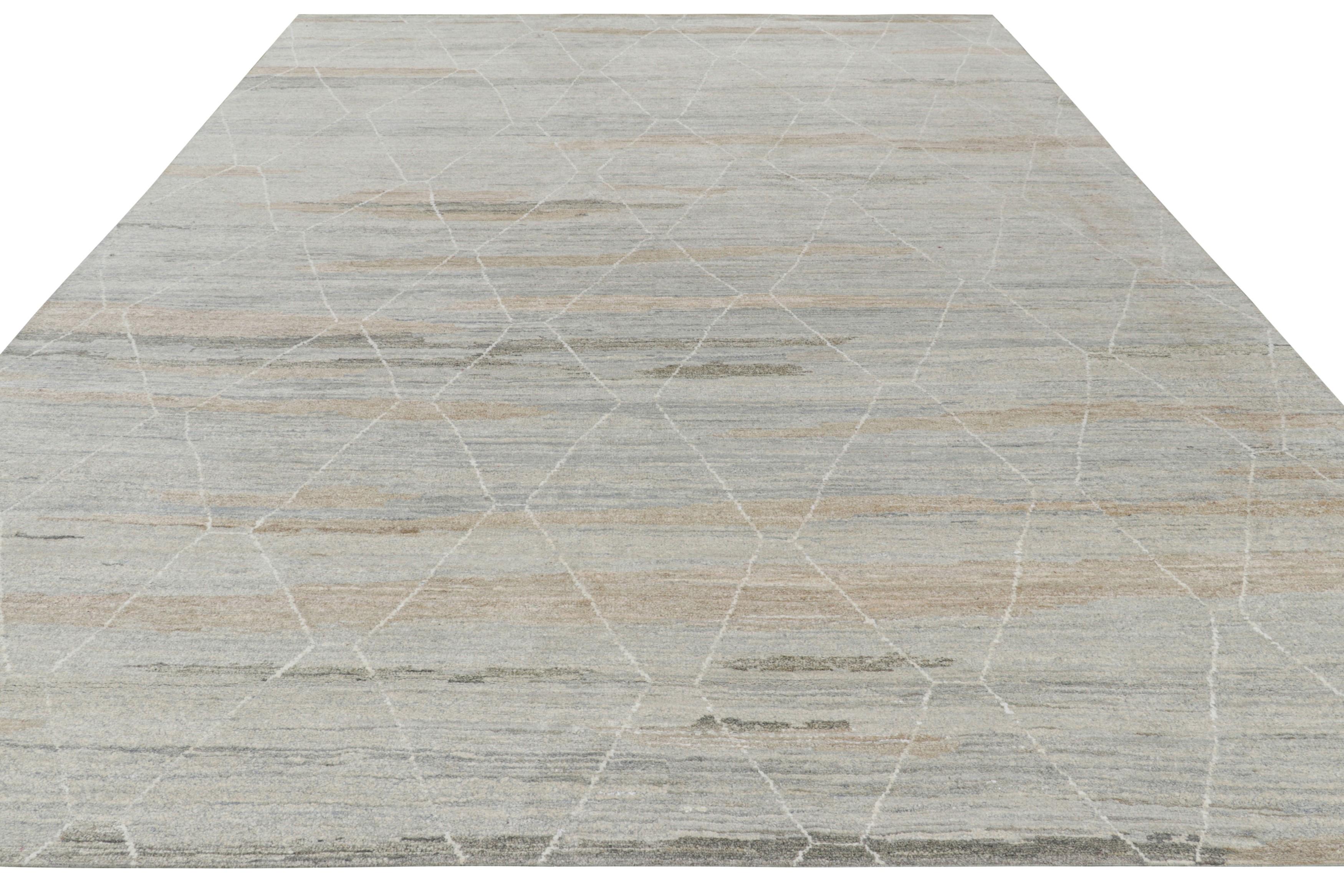Indian Rug & Kilim’s Moroccan Style Rug in Gray and Beige with Geometric Patterns For Sale