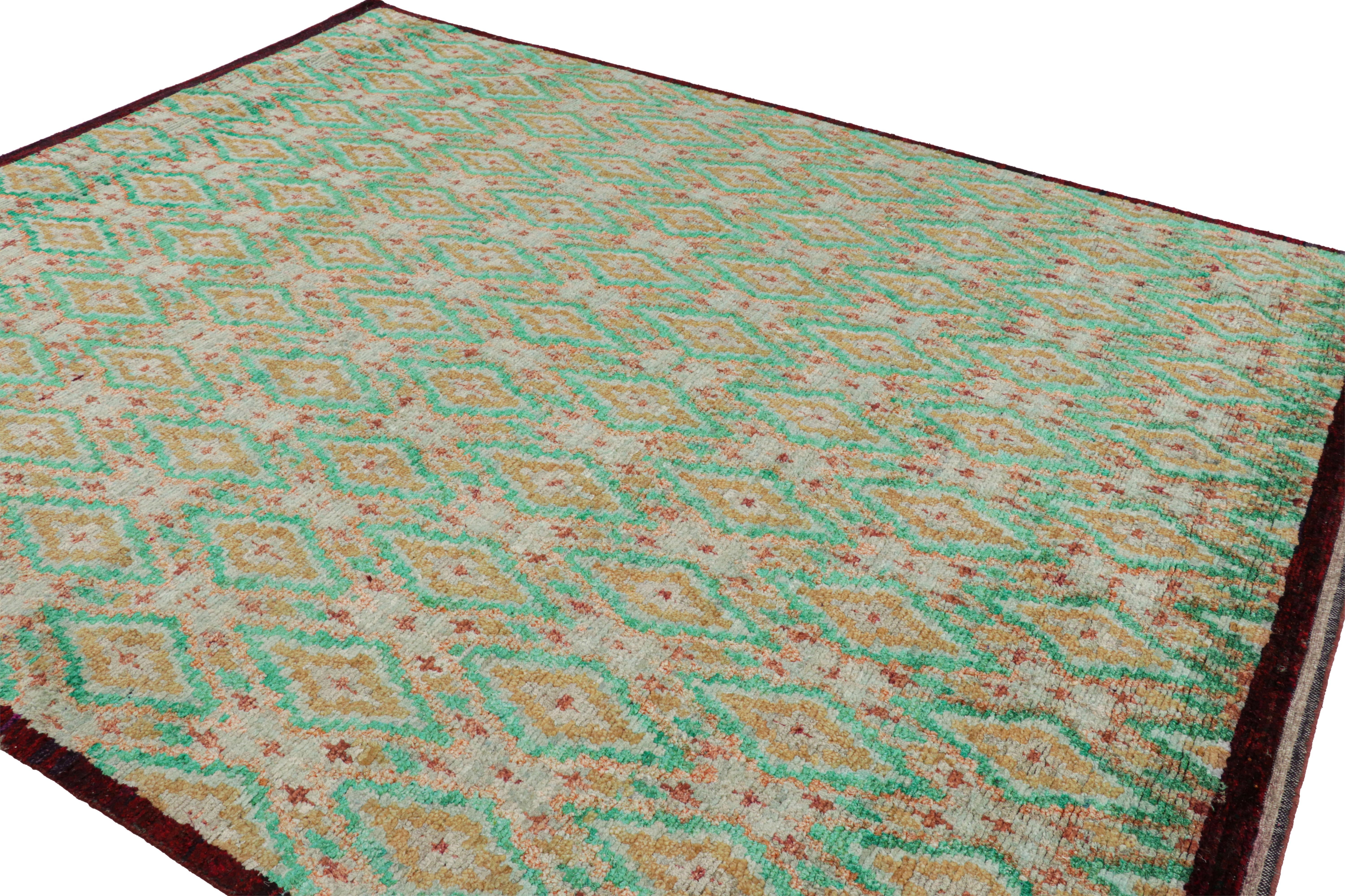 Indian Rug & Kilim’s Moroccan Style Rug in Green and Gold Diamond Patterns For Sale