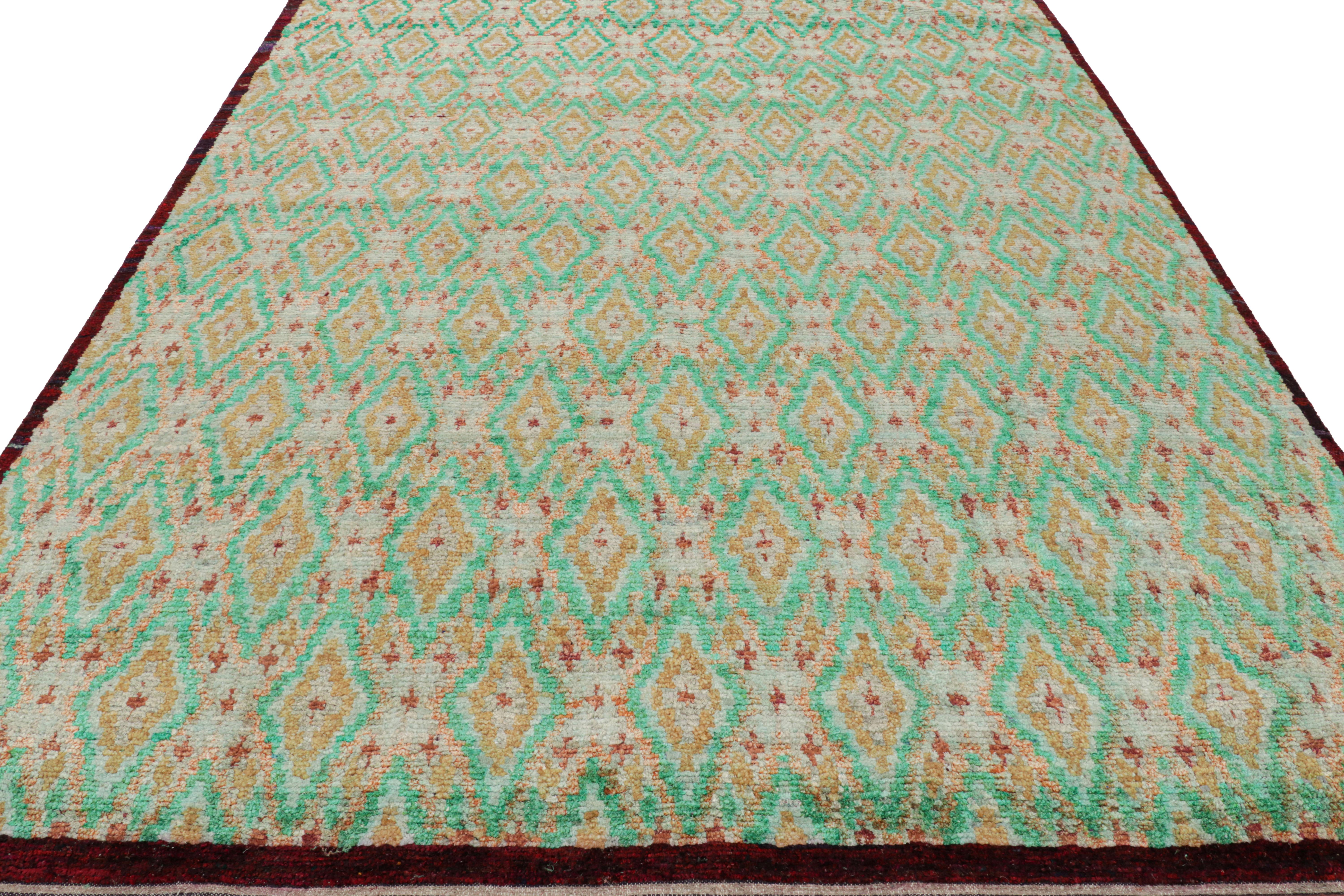 Hand-Knotted Rug & Kilim’s Moroccan Style Rug in Green and Gold Diamond Patterns For Sale