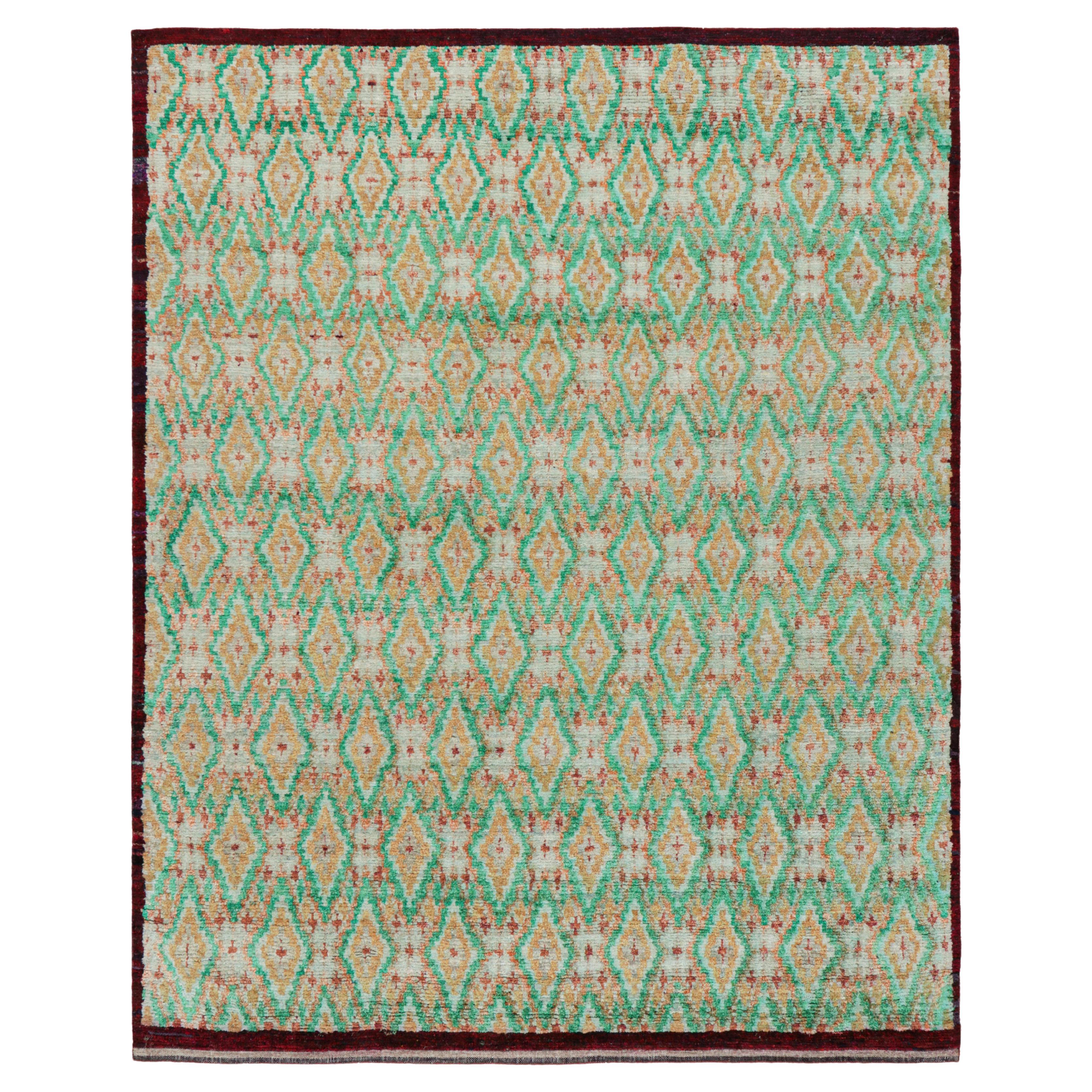 Rug & Kilim’s Moroccan Style Rug in Green and Gold Diamond Patterns For Sale