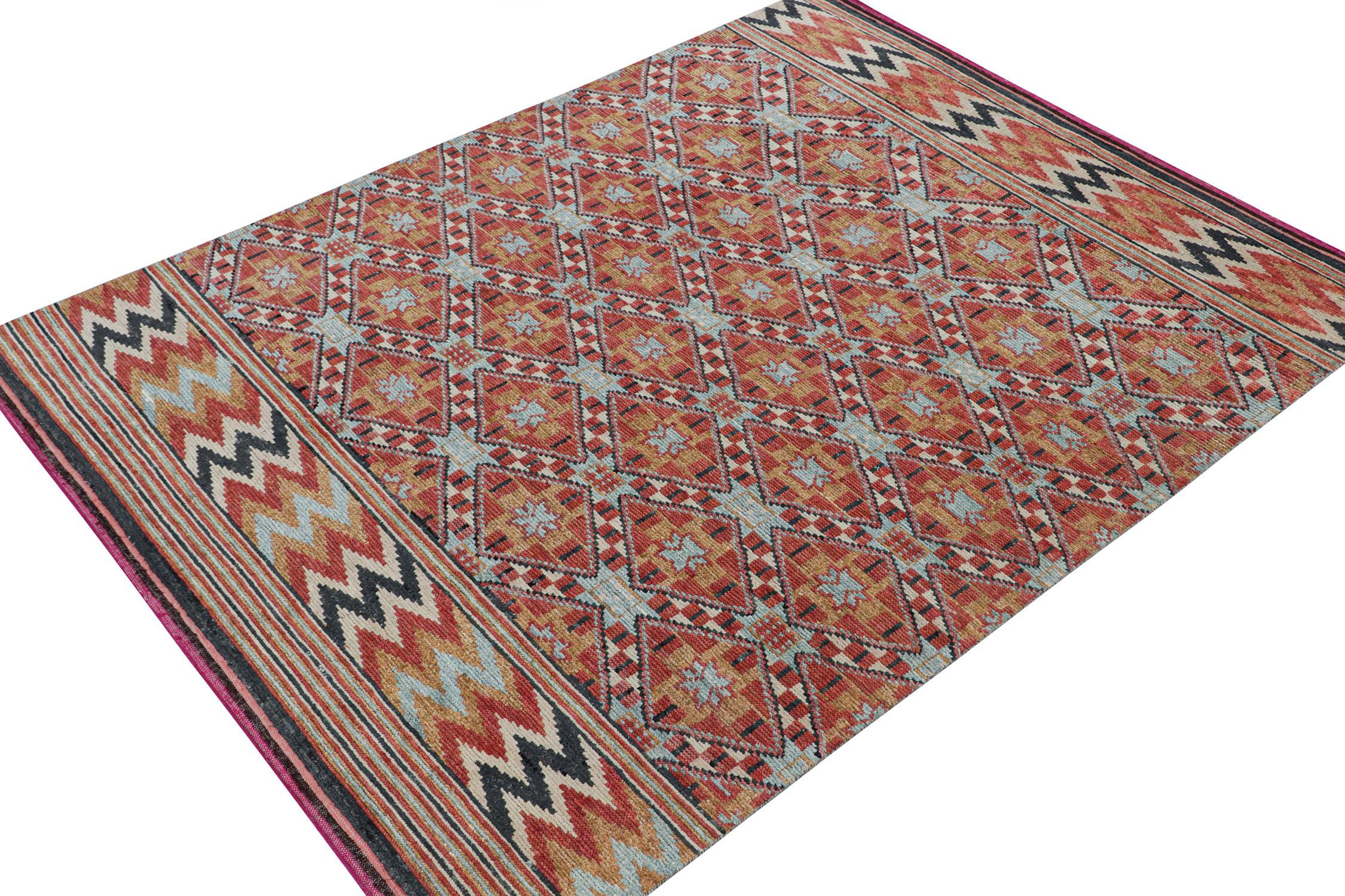 Tribal Rug & Kilim’s Moroccan Style Rug in Orange, Blue & Brown Geometric Pattern For Sale