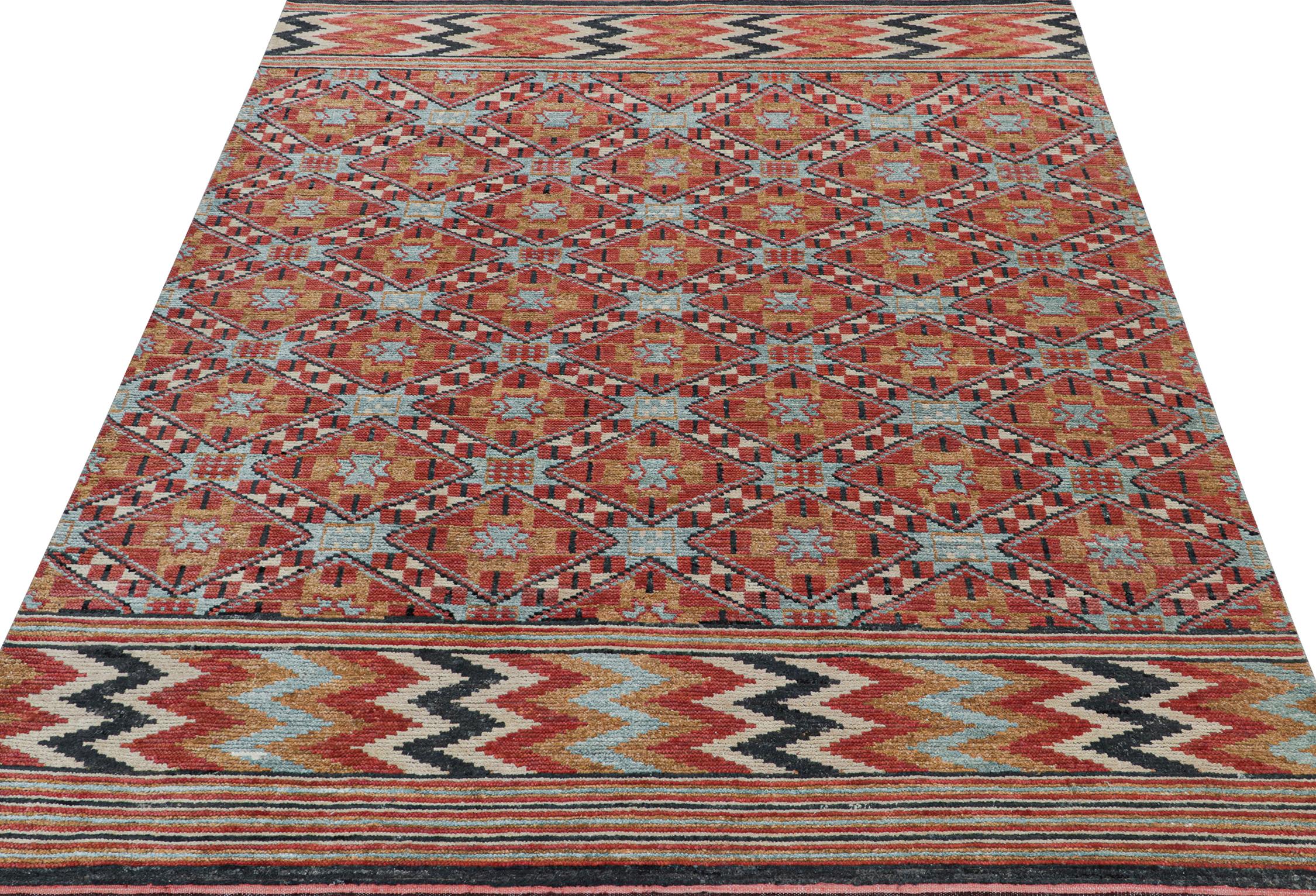 This contemporary 8x10 rug is a grand entry in Rug & Kilim's new Moroccan Collection—a bold take on the iconic style. Hand-knotted in wool, silk, and cotton.
Further on the Design:
The piece draws on archaic cross patterns and geometry in rich