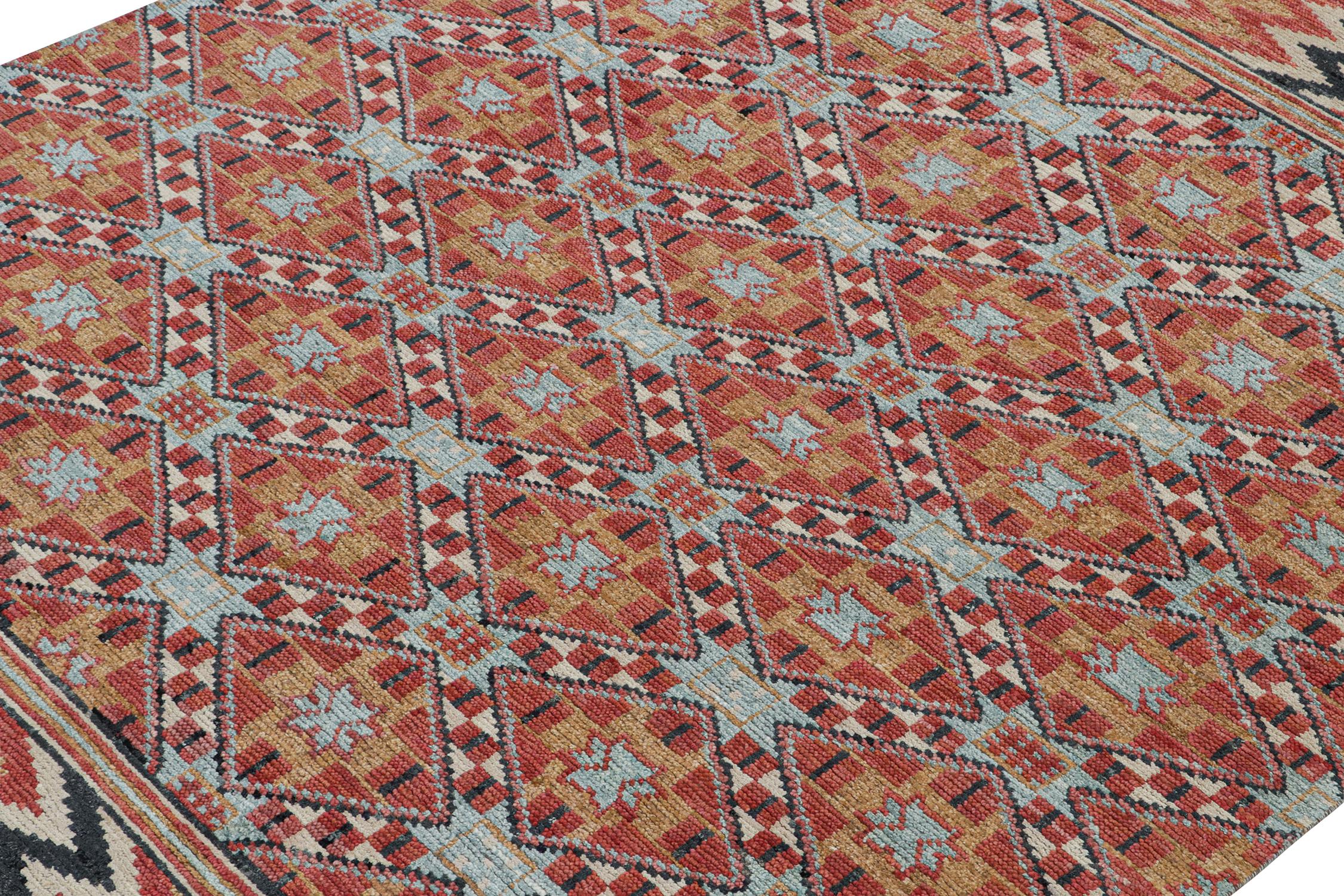 Indian Rug & Kilim’s Moroccan Style Rug in Orange, Blue & Brown Geometric Pattern For Sale