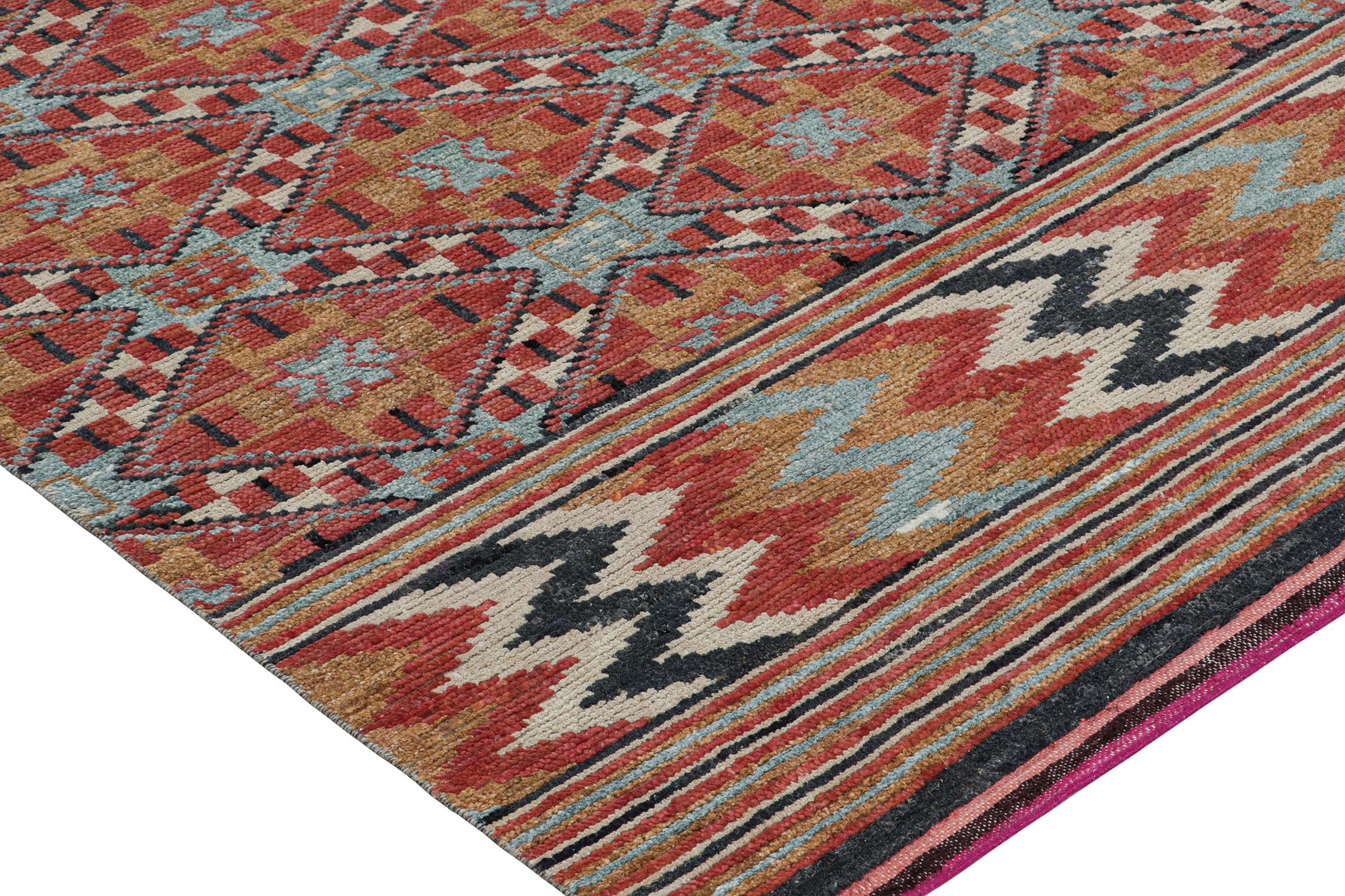Hand-Knotted Rug & Kilim’s Moroccan Style Rug in Orange, Blue & Brown Geometric Pattern For Sale
