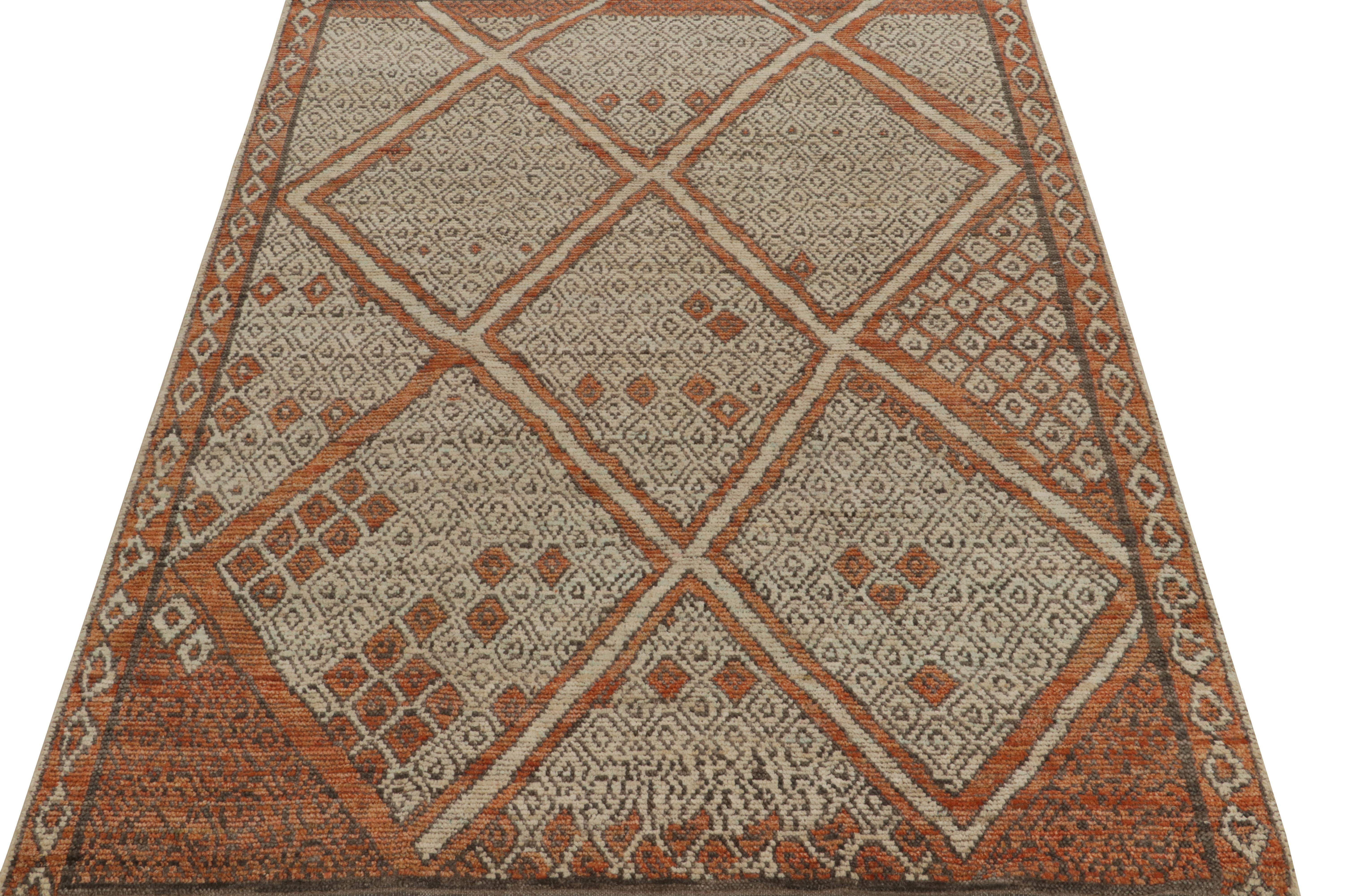 Tribal Rug & Kilim’s Moroccan Style Rug in Orange, White & Beige-Brown Diamond Patterns For Sale
