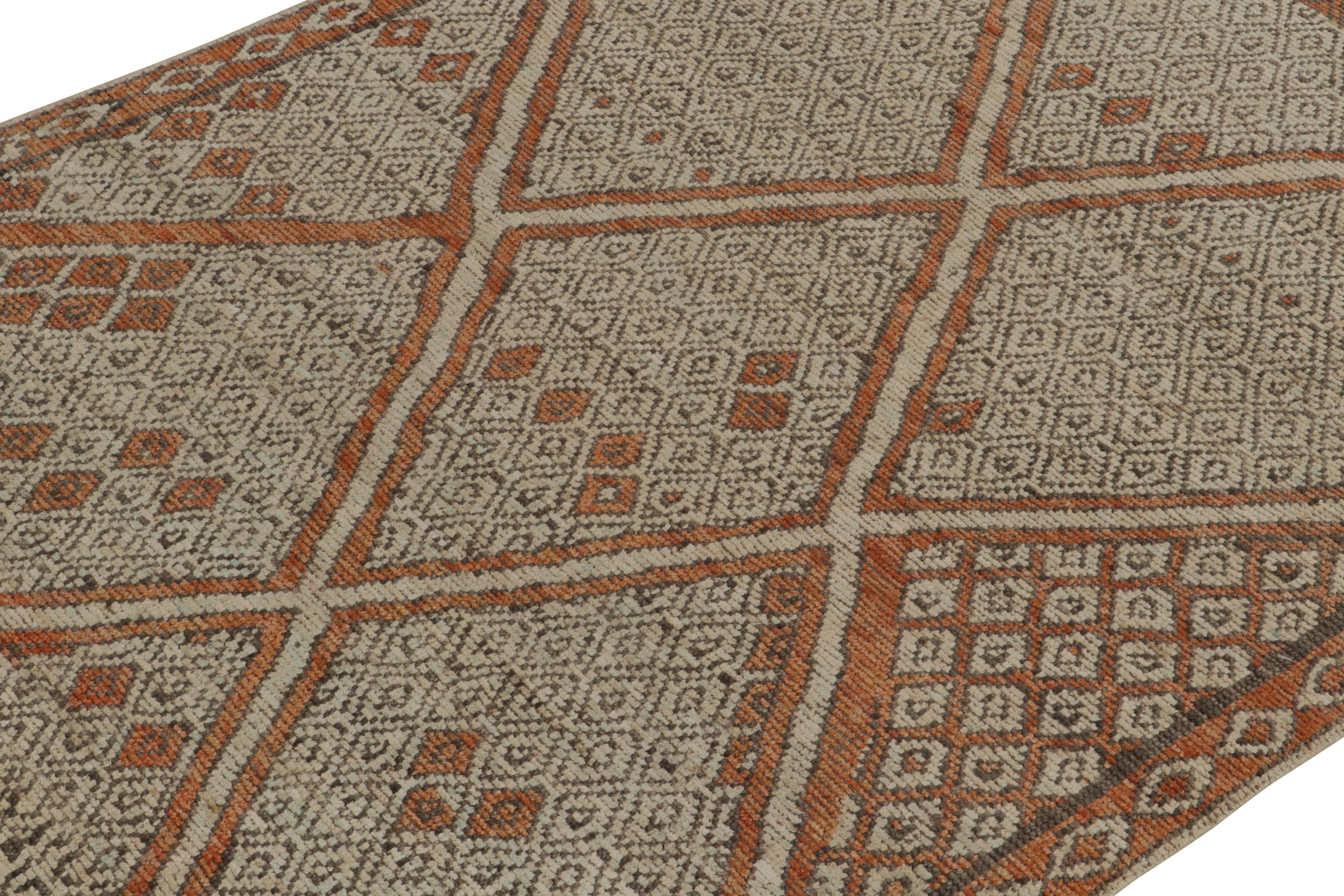 Indian Rug & Kilim’s Moroccan Style Rug in Orange, White & Beige-Brown Diamond Patterns For Sale