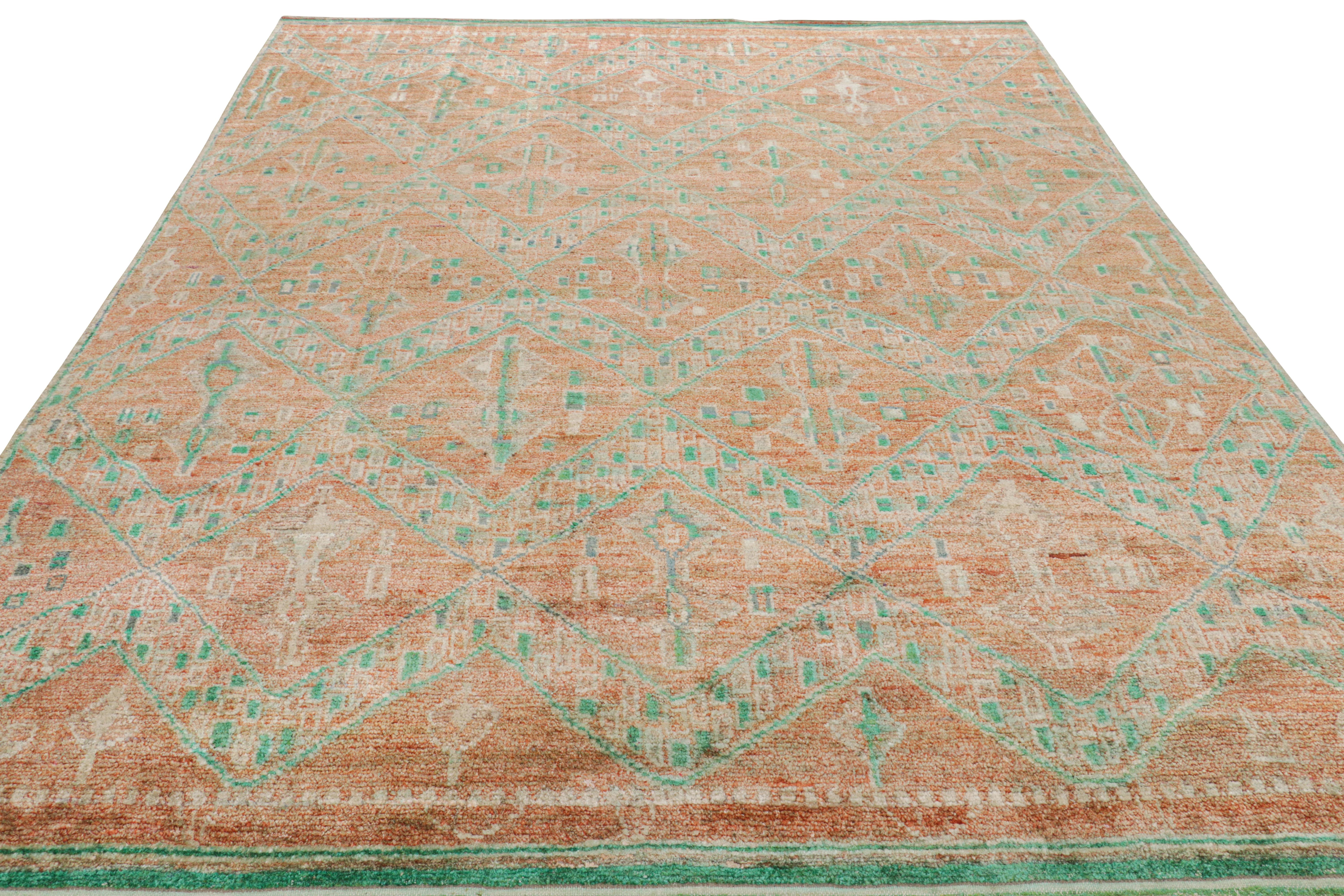 Indian Rug & Kilim’s Moroccan Style rug in Orange with Blue and Green Geometric Pattern For Sale