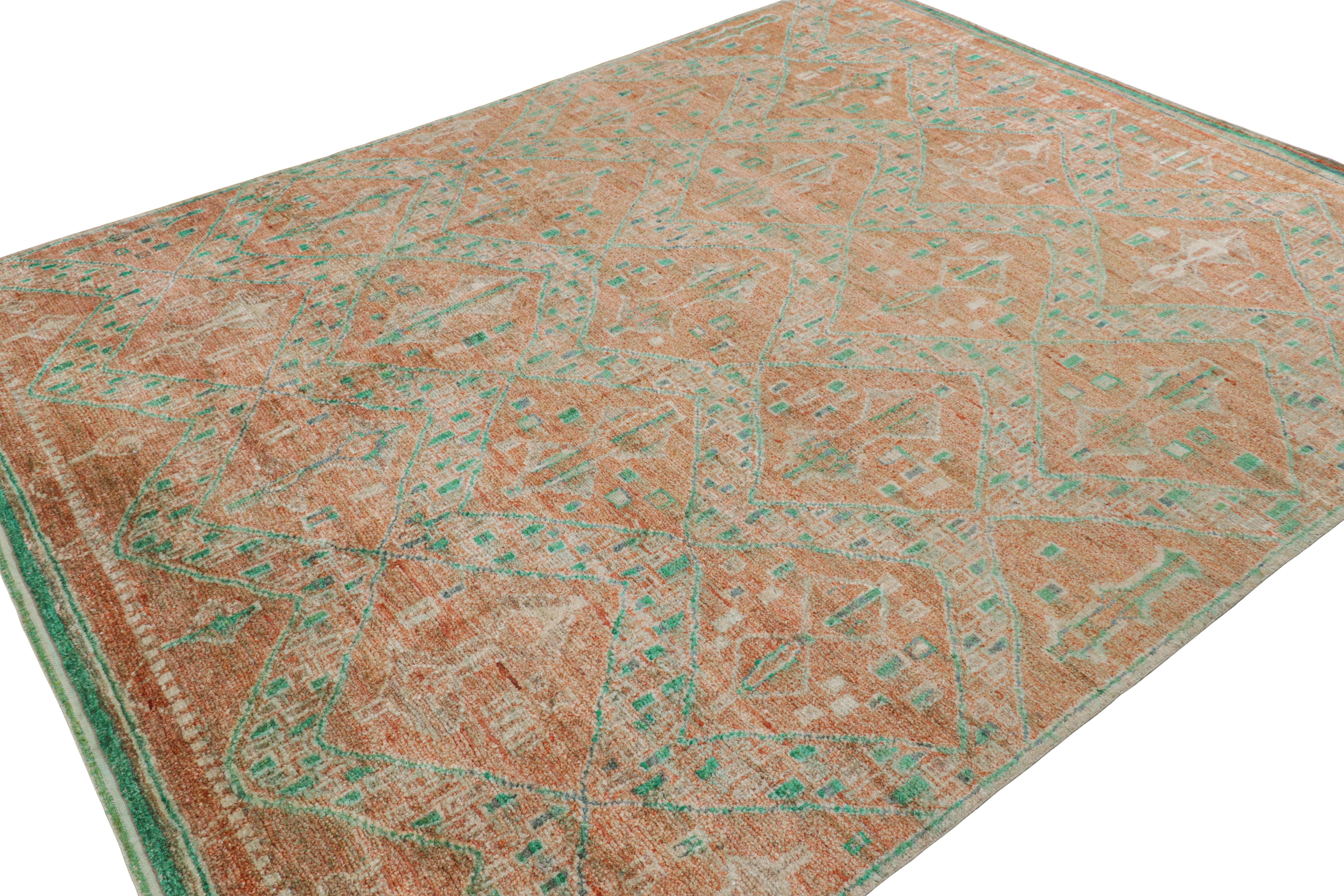 Hand-Knotted Rug & Kilim’s Moroccan Style rug in Orange with Blue and Green Geometric Pattern For Sale