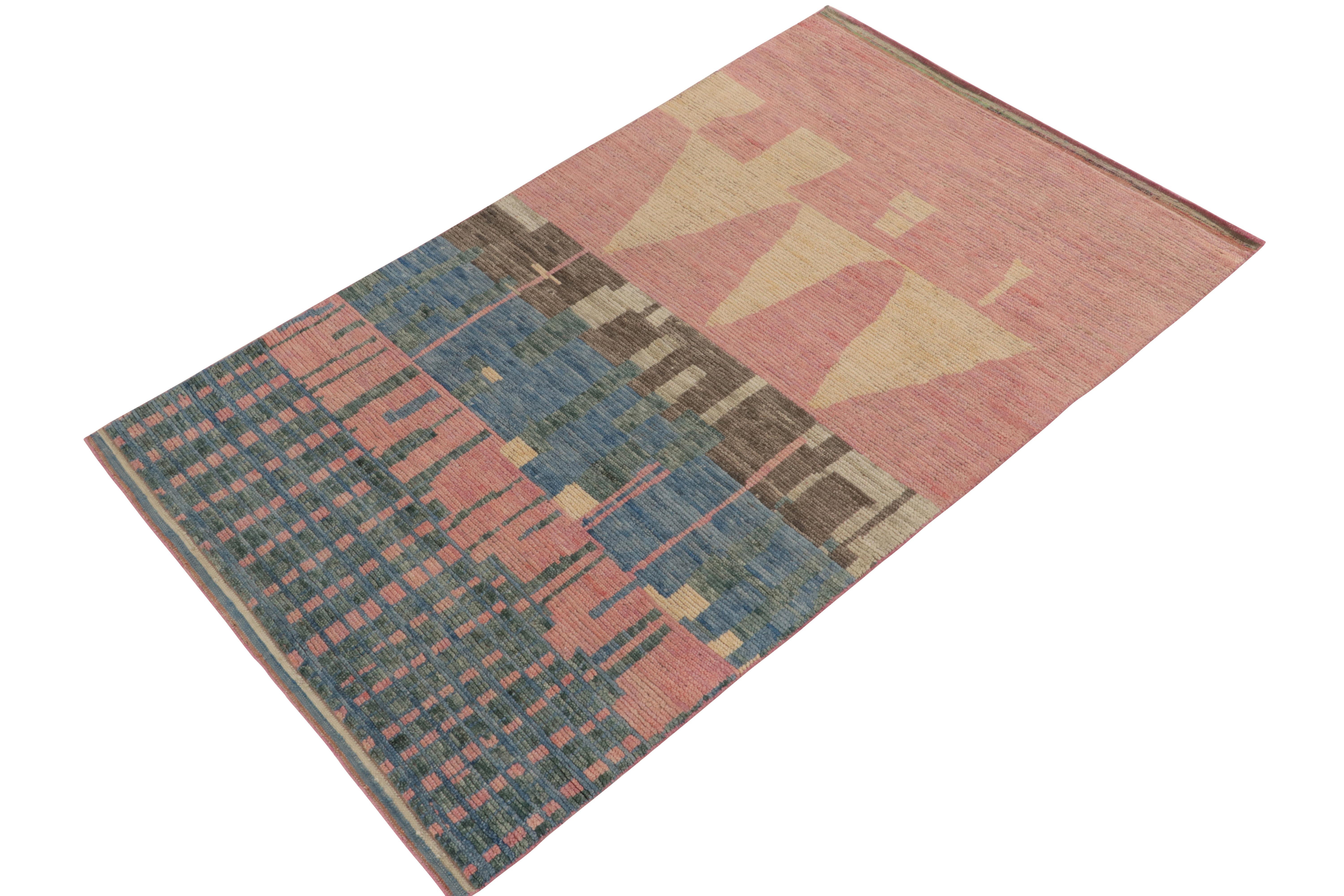 Rug & Kilim’s original ode to Moroccan rug design, carrying an exceptional culmination of design aesthetics & textural refinement. The tribal aesthetics of this piece enjoy a unique play of pink, blue and beige-brown with stripes and striations in a