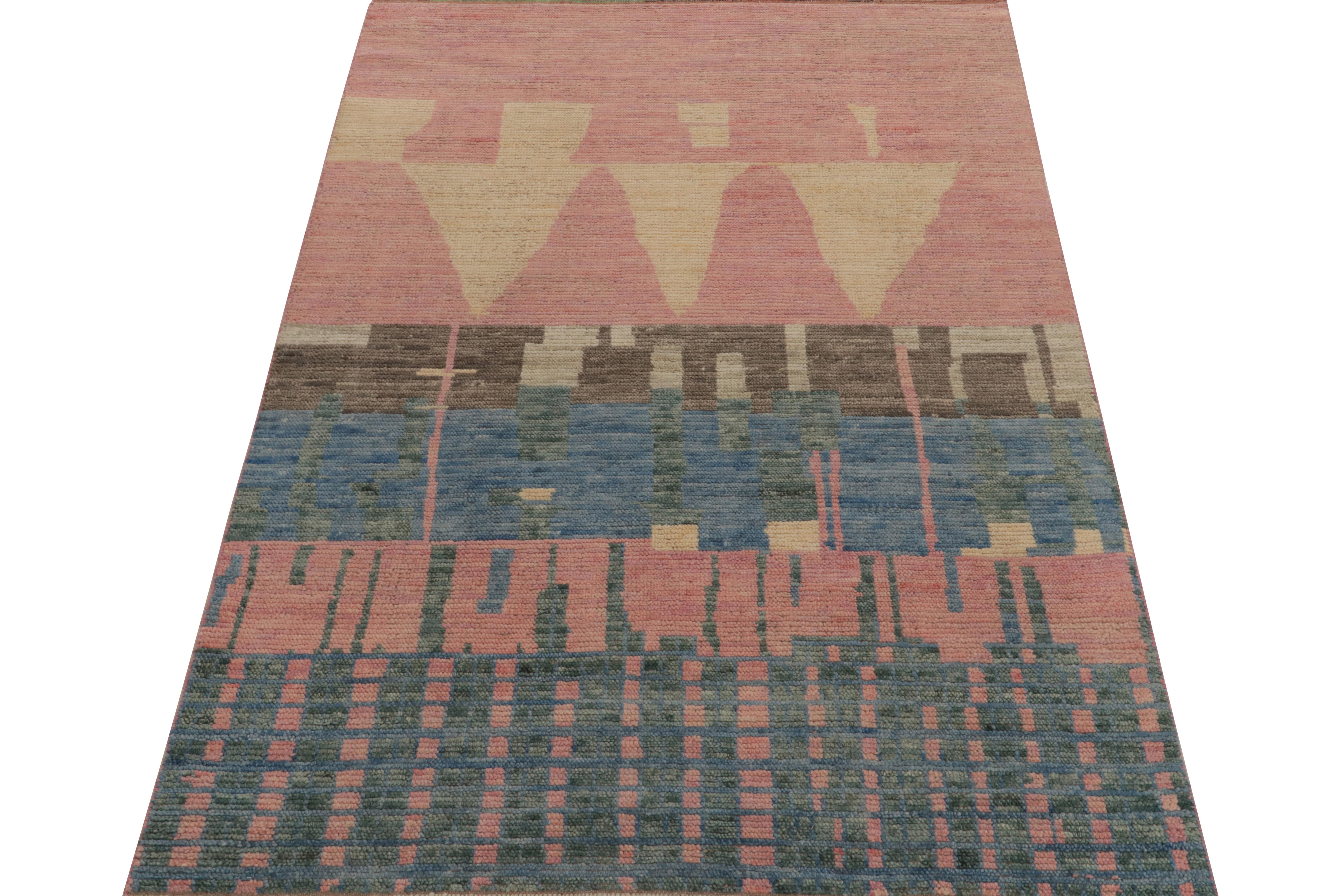 Tribal Rug & Kilim’s Moroccan Style Rug in Pink, Blue & Beige-Brown Geometric Patterns For Sale