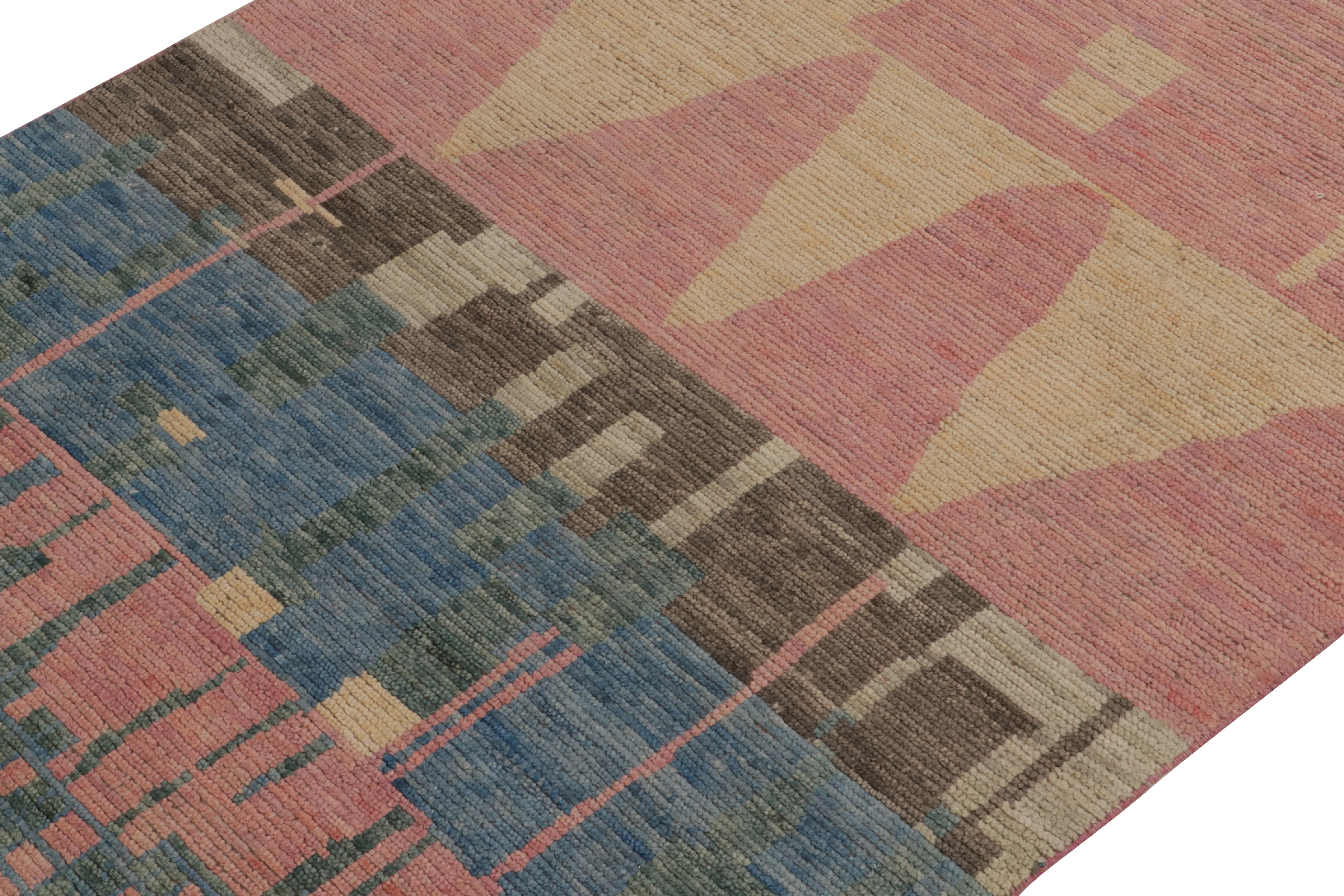 Indian Rug & Kilim’s Moroccan Style Rug in Pink, Blue & Beige-Brown Geometric Patterns For Sale