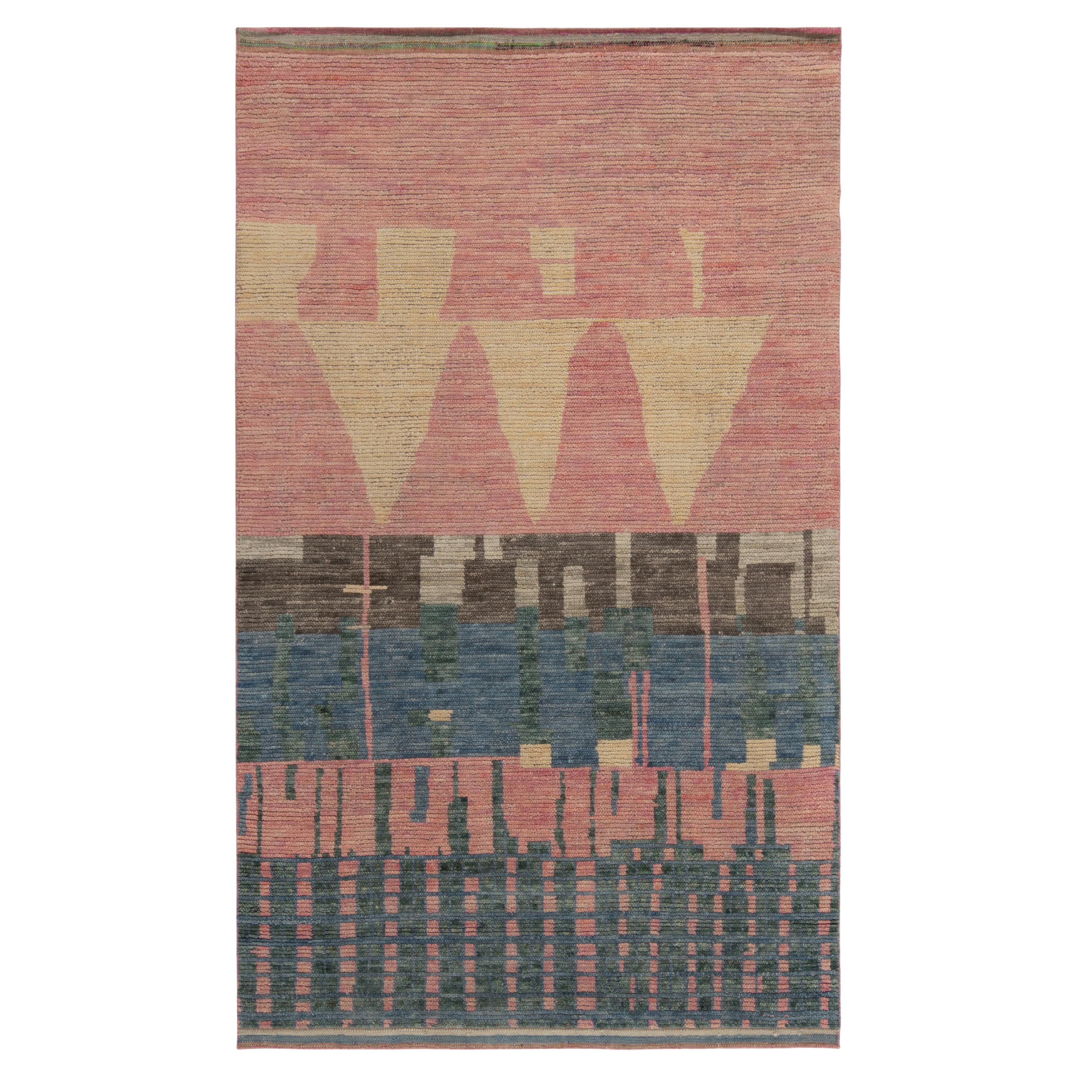 Rug & Kilim’s Moroccan Style Rug in Pink, Blue & Beige-Brown Geometric Patterns For Sale