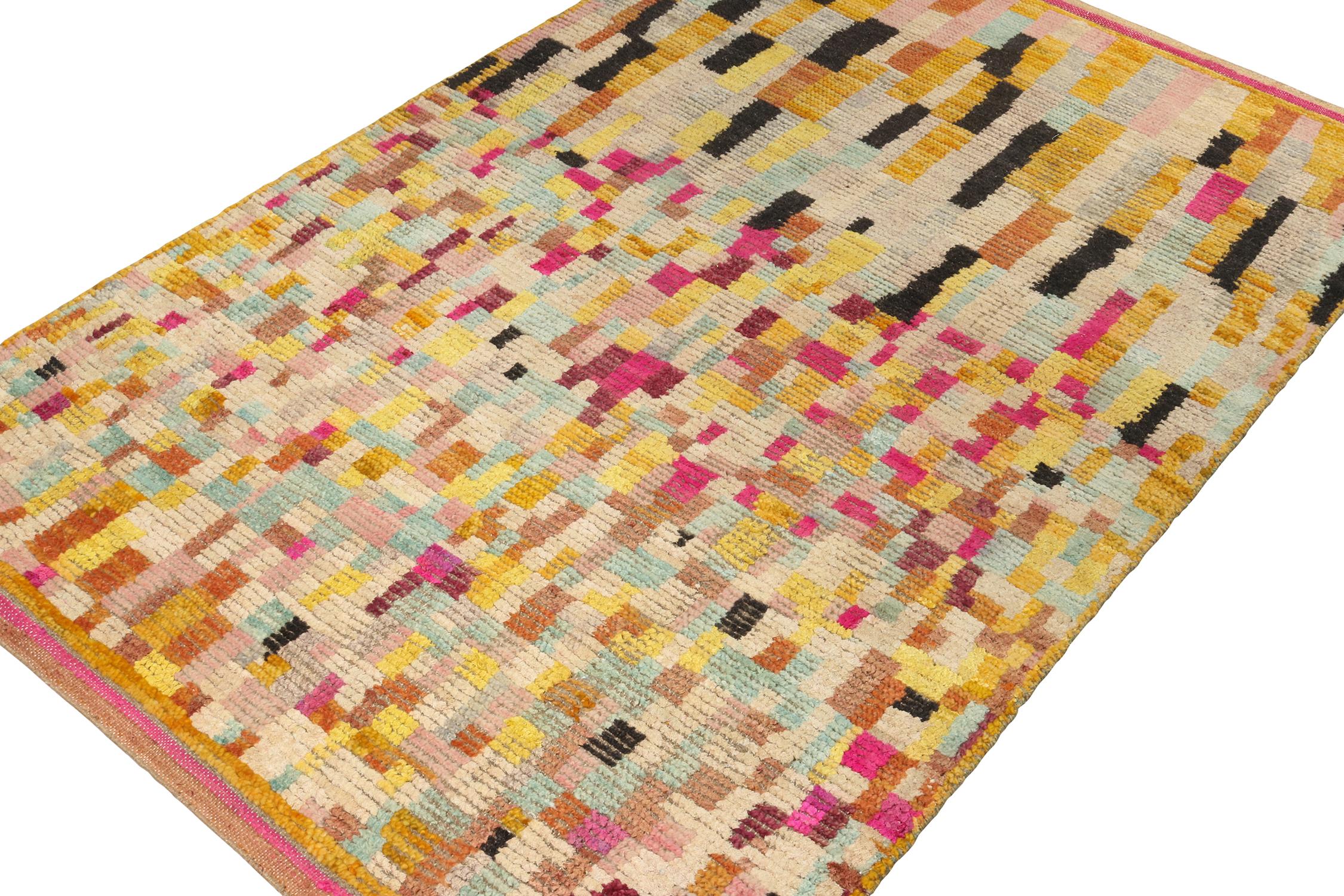 This contemporary 4x6 rug is the newest entry to Rug & Kilim's new Moroccan Collection—a bold take on the iconic style. Hand-knotted in a blend of wool, silk, and cotton.
Further on the design:
The design takes inspiration from playful textural