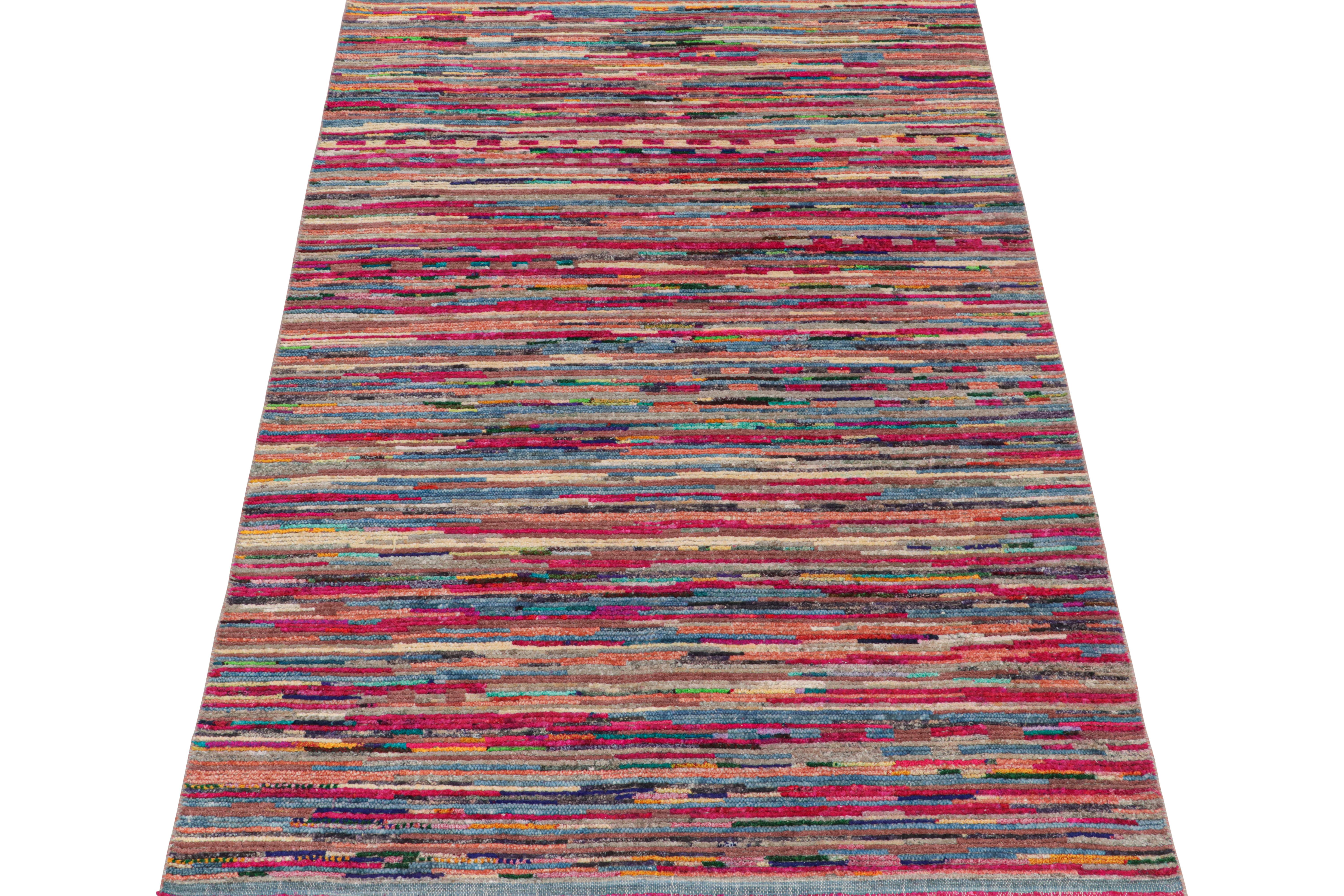 Tribal Rug & Kilim’s Moroccan Style Rug in Pink with Vibrant Polychromatic Stripes For Sale