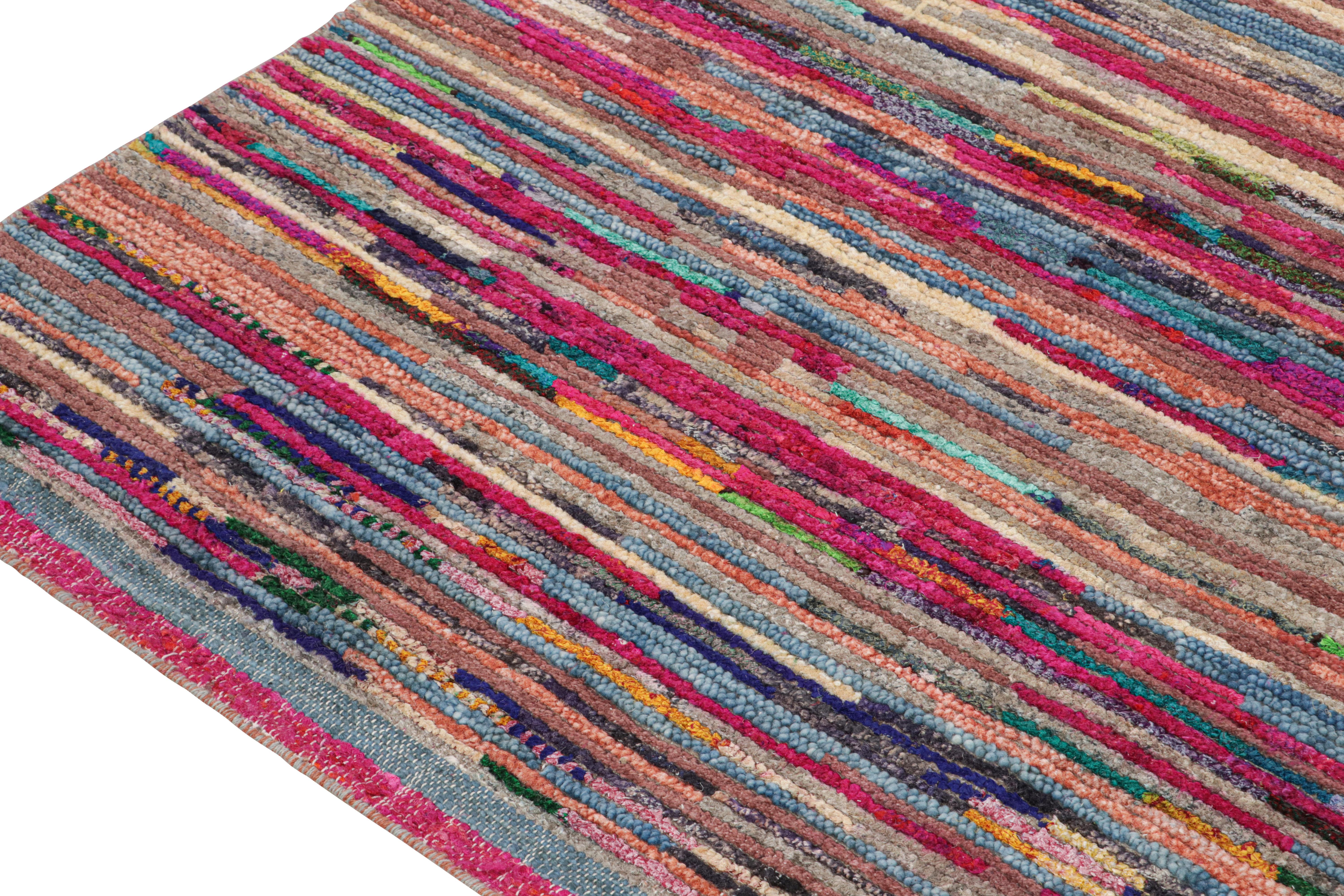 Hand-Knotted Rug & Kilim’s Moroccan Style Rug in Pink with Vibrant Polychromatic Stripes For Sale
