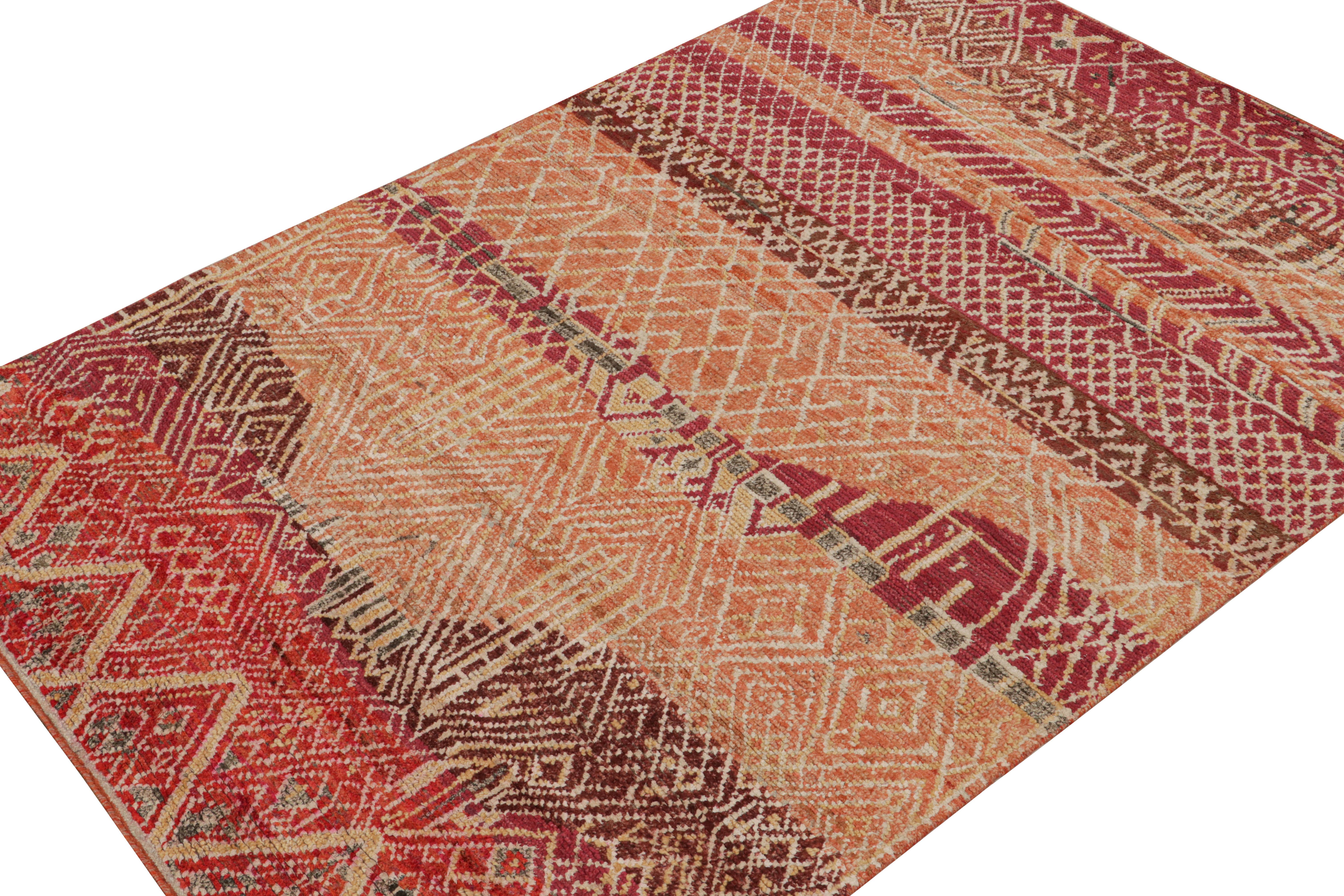 Hand-knotted in wool, silk & cotton, this 6x9 rug is a new addition to the Moroccan rug collection by Rug & Kilim. 

On the Design:

This rug enjoys primitivist style with patterns in tones of red, orange & white. Connoisseurs will admire this as a