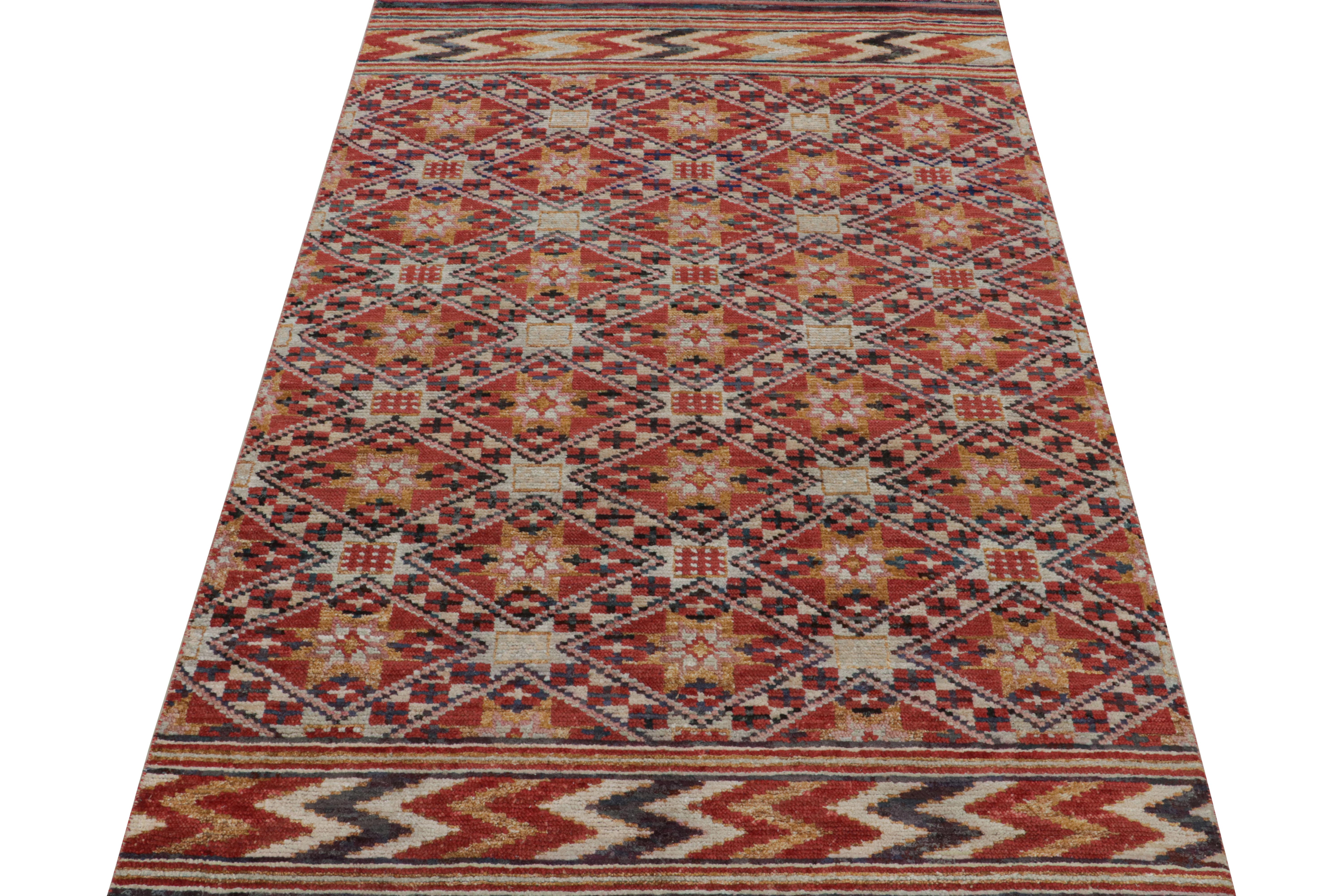Tribal Rug & Kilim’s Moroccan Style Rug in Red with Gold Geometric Patterns For Sale