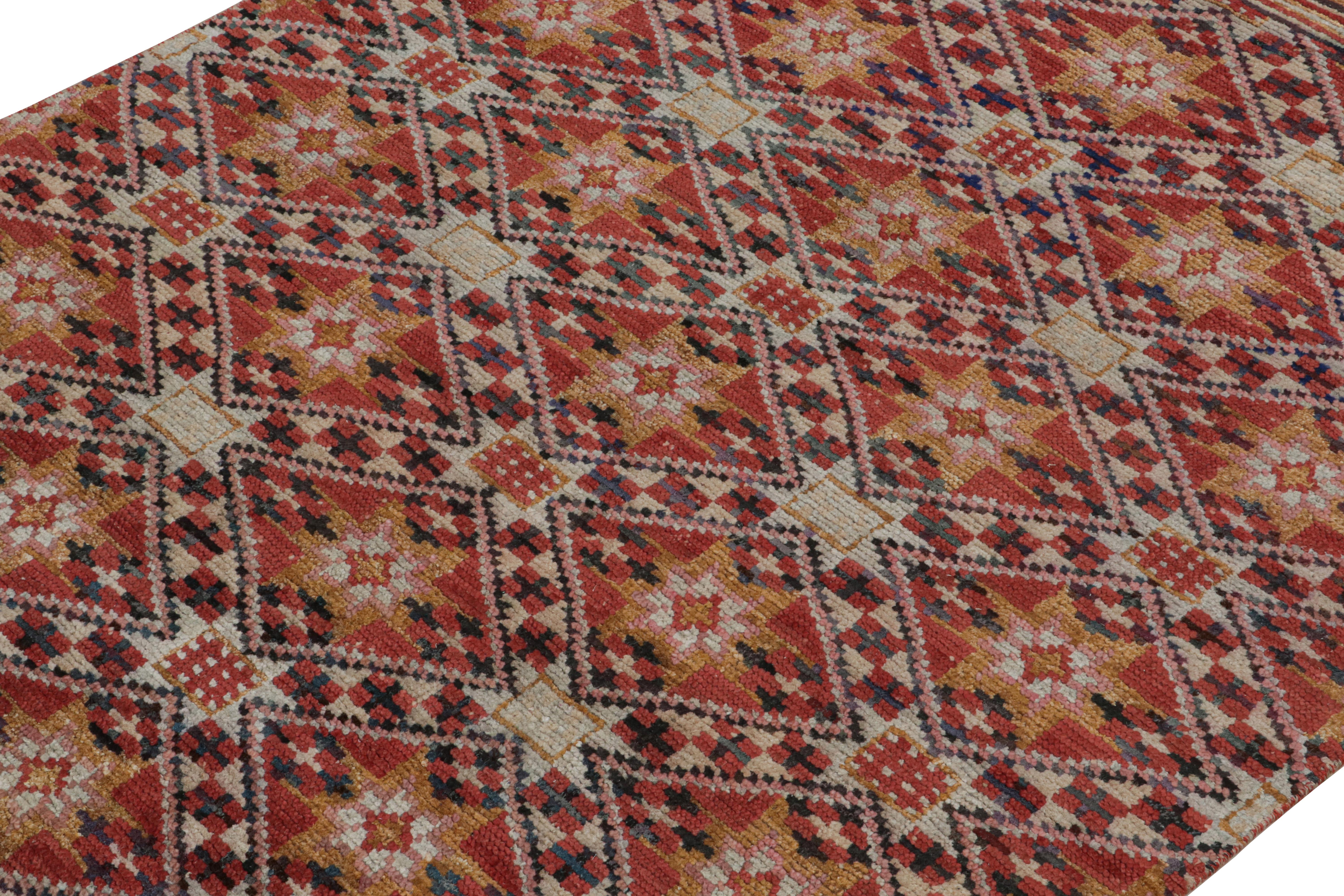 Indian Rug & Kilim’s Moroccan Style Rug in Red with Gold Geometric Patterns For Sale