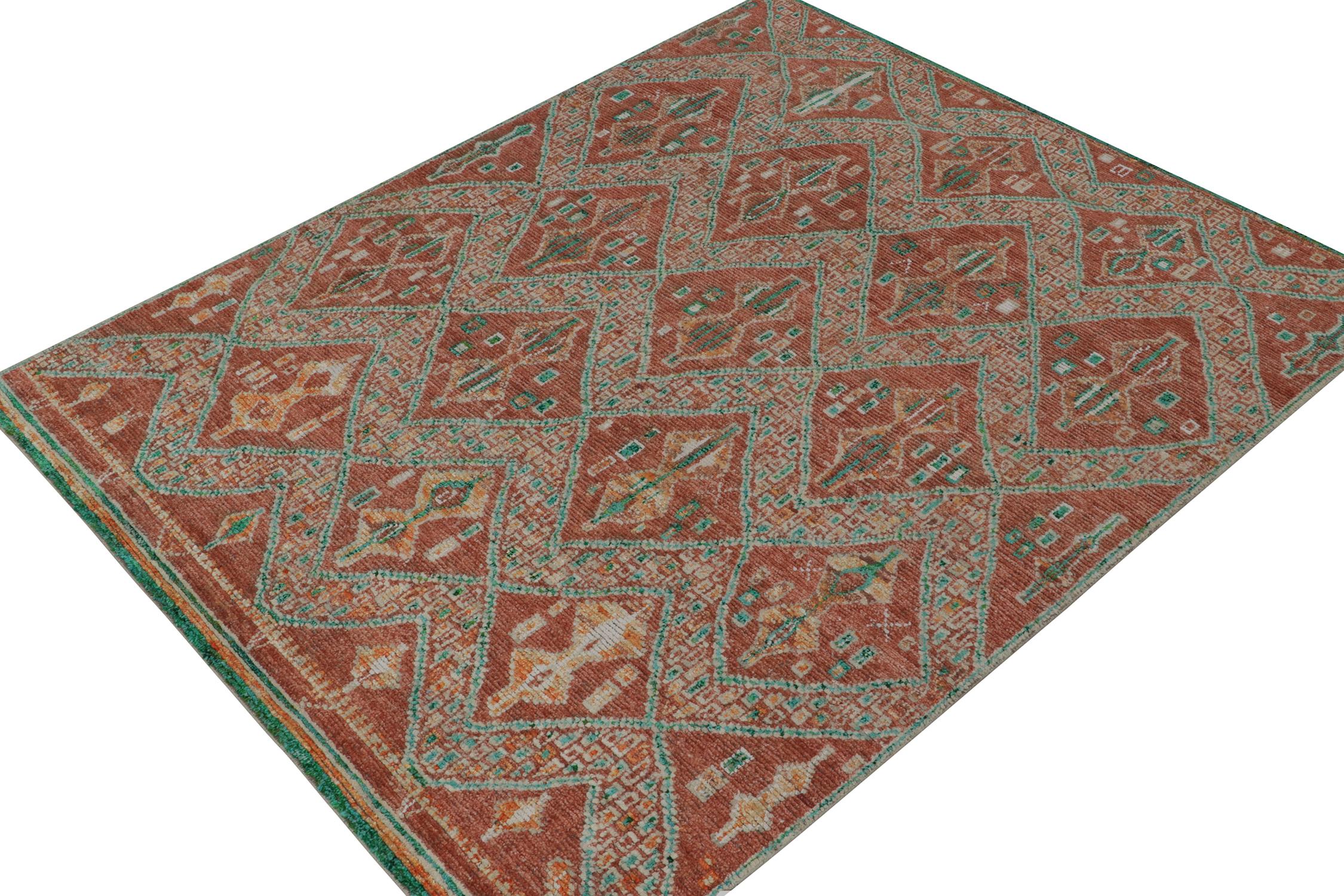 This contemporary 9x11 rug is a grand entry in Rug & Kilim's new Moroccan Collection—a bold take on the iconic style. Hand-knotted in wool, silk, and cotton.
Further on the Design:
The piece draws on archaic lozenges and chevrons in rust red and