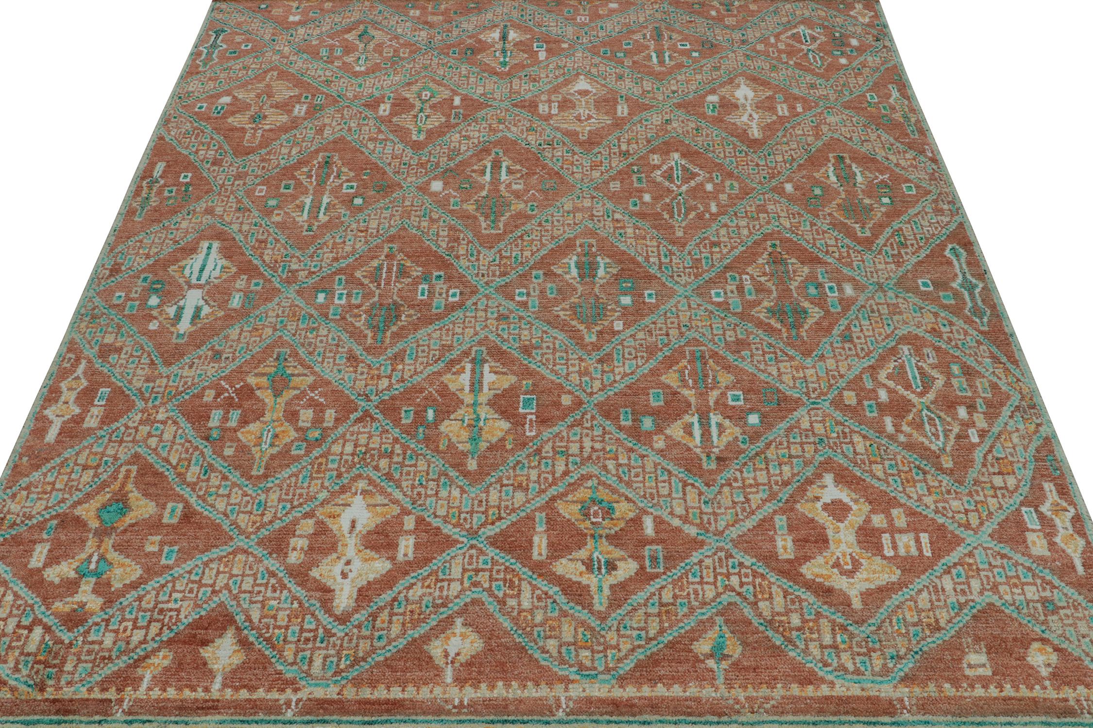 This contemporary 8x10 rug is a grand entry in Rug & Kilim's new Moroccan Collection—a bold take on the iconic style. Hand-knotted in wool, silk, and cotton.
Further on the Design:
The piece draws on archaic lozenges and chevrons in rust red and