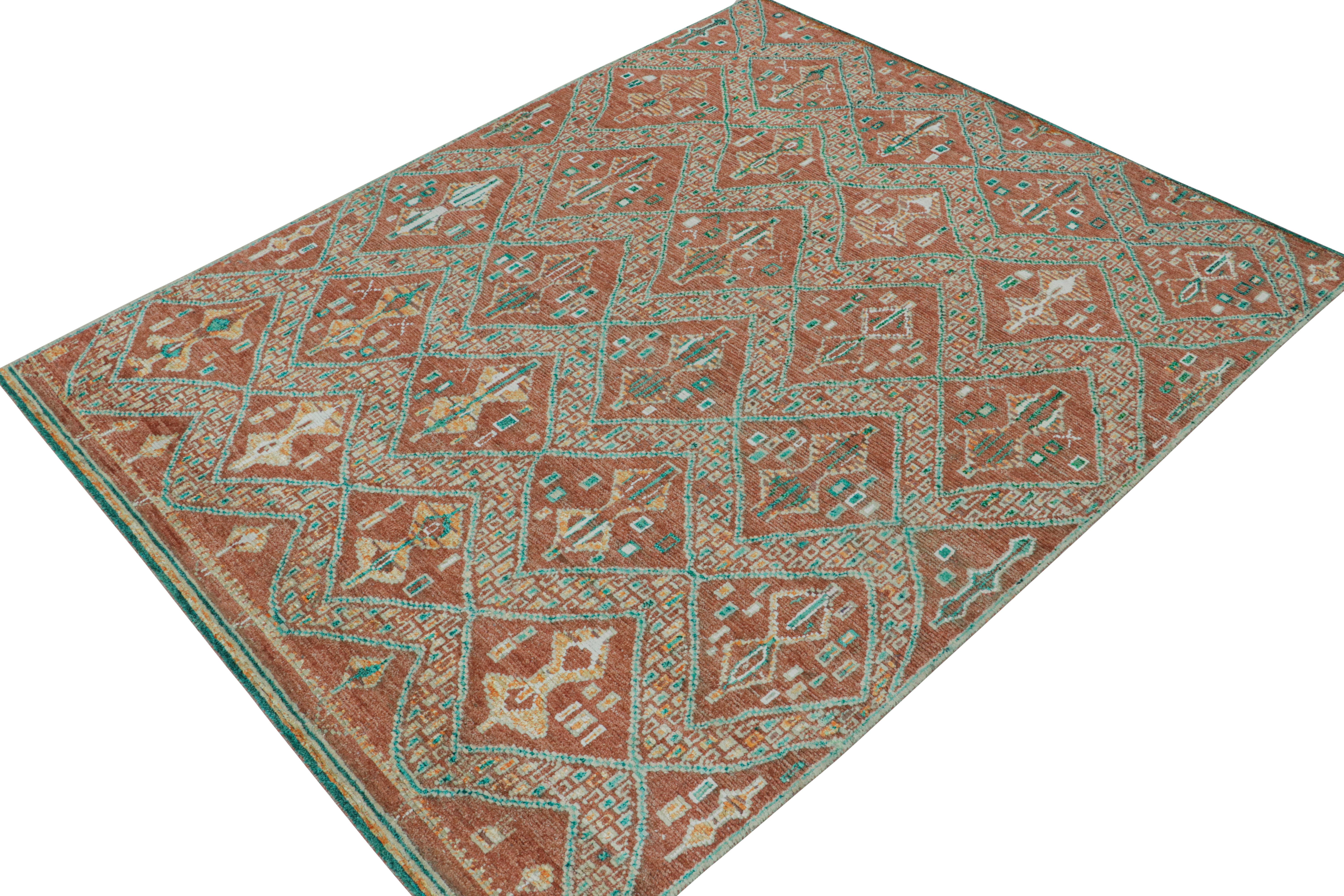 Indian Rug & Kilim’s Moroccan Style Rug in Rust Red & Green Geometric Pattern For Sale