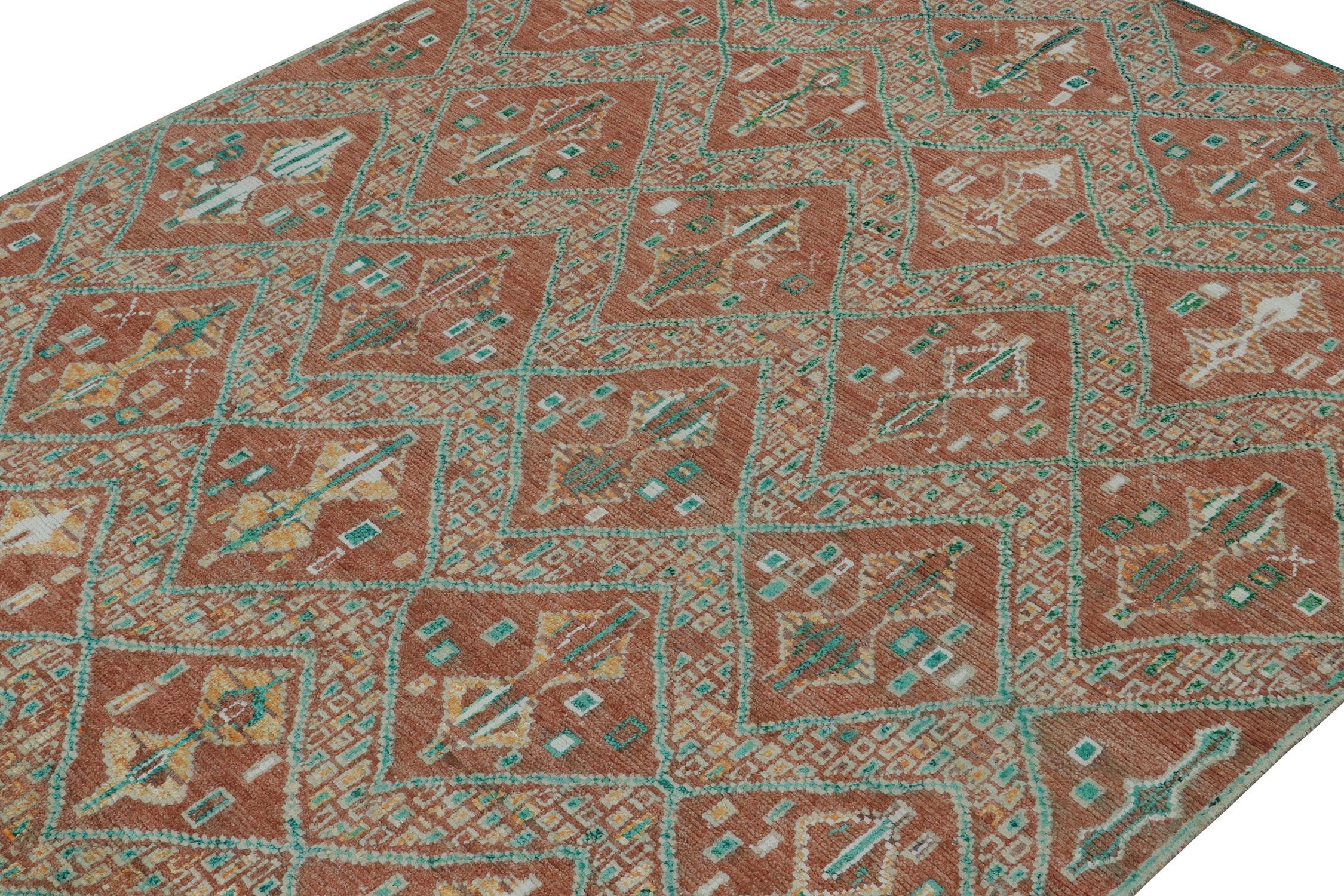 Hand-Knotted Rug & Kilim’s Moroccan Style Rug in Rust Red & Green Geometric Pattern For Sale