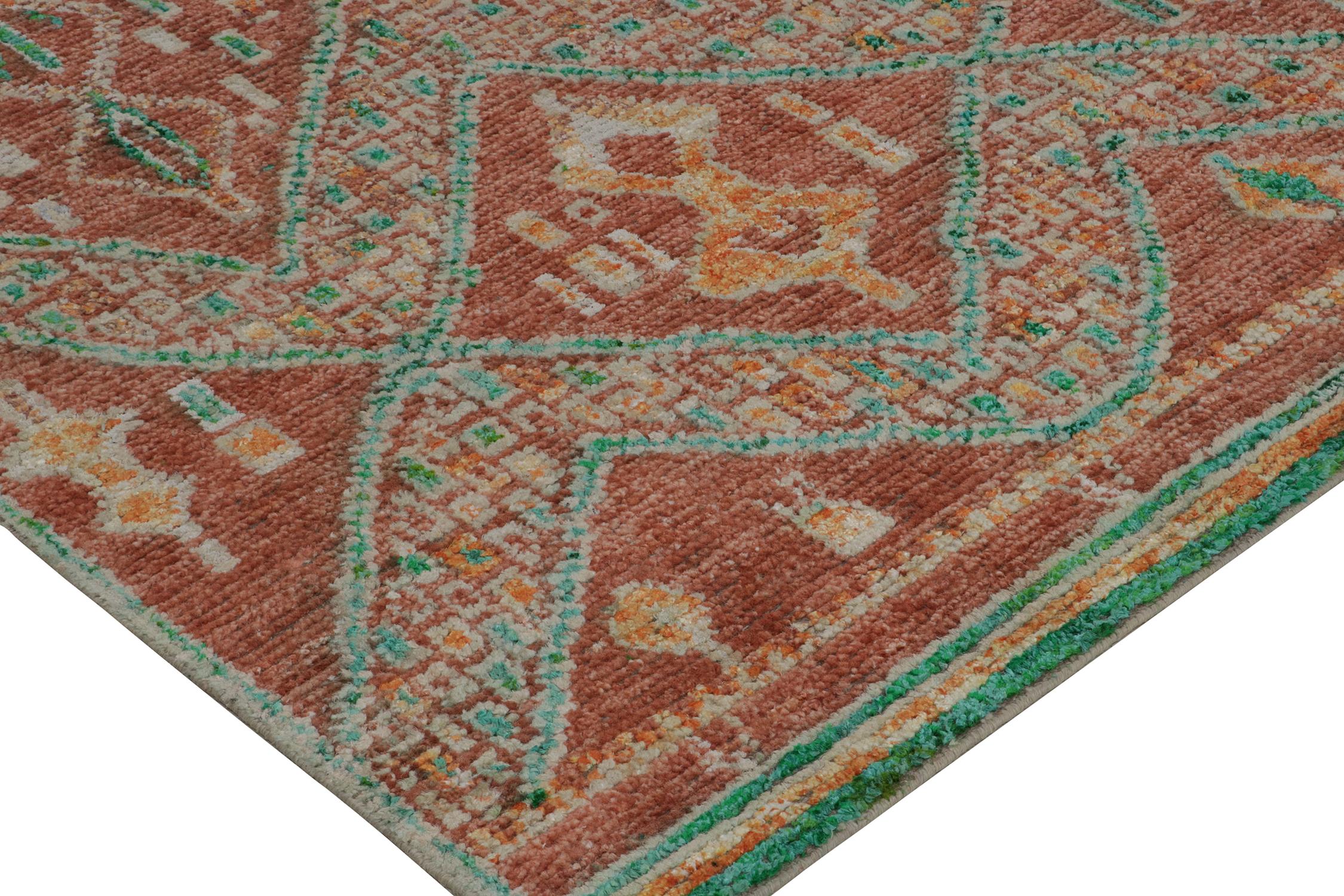 Hand-Knotted Rug & Kilim’s Moroccan Style Rug in Rust Red & Green Geometric Pattern For Sale