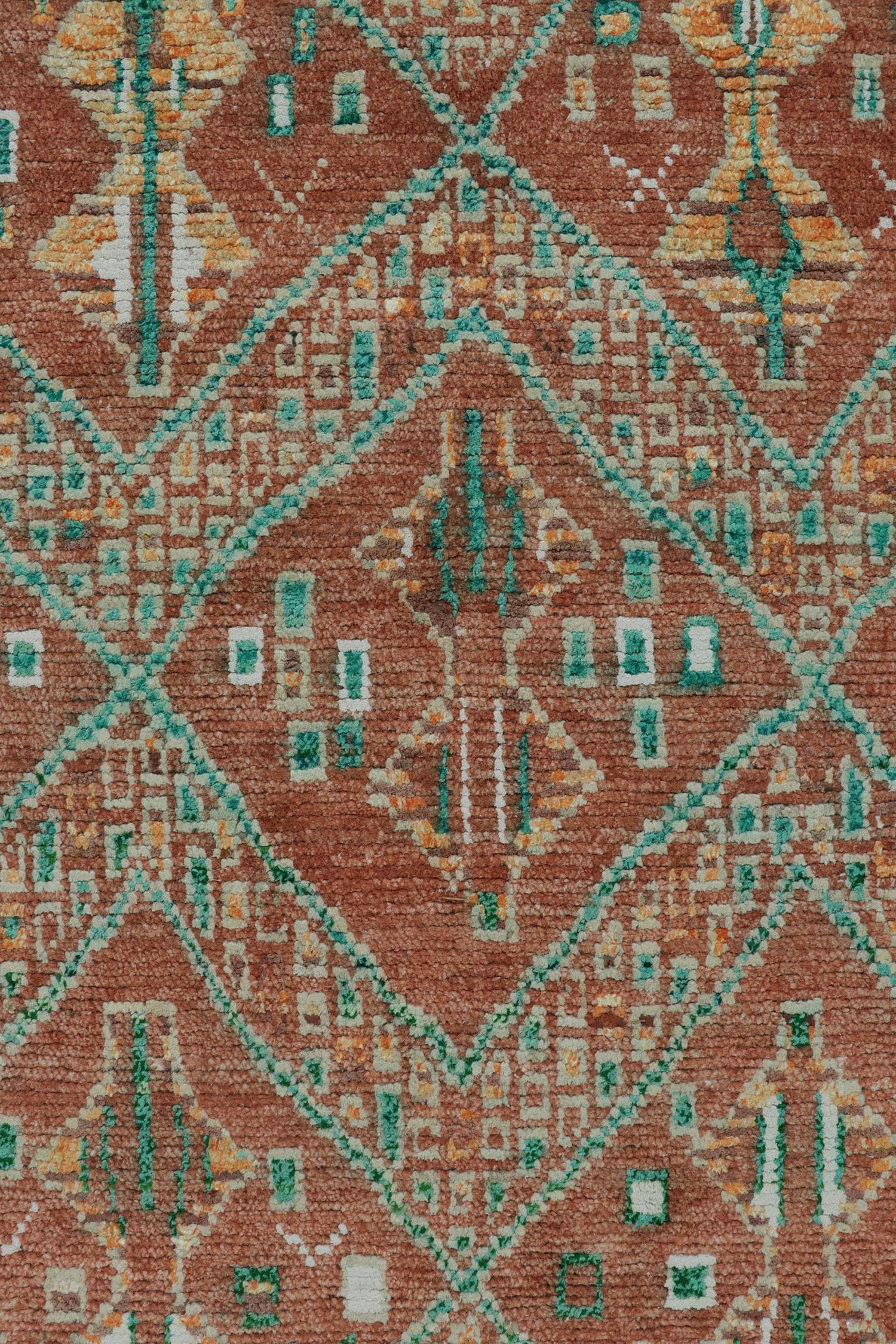 Contemporary Rug & Kilim’s Moroccan Style Rug in Rust Red & Green Geometric Pattern For Sale