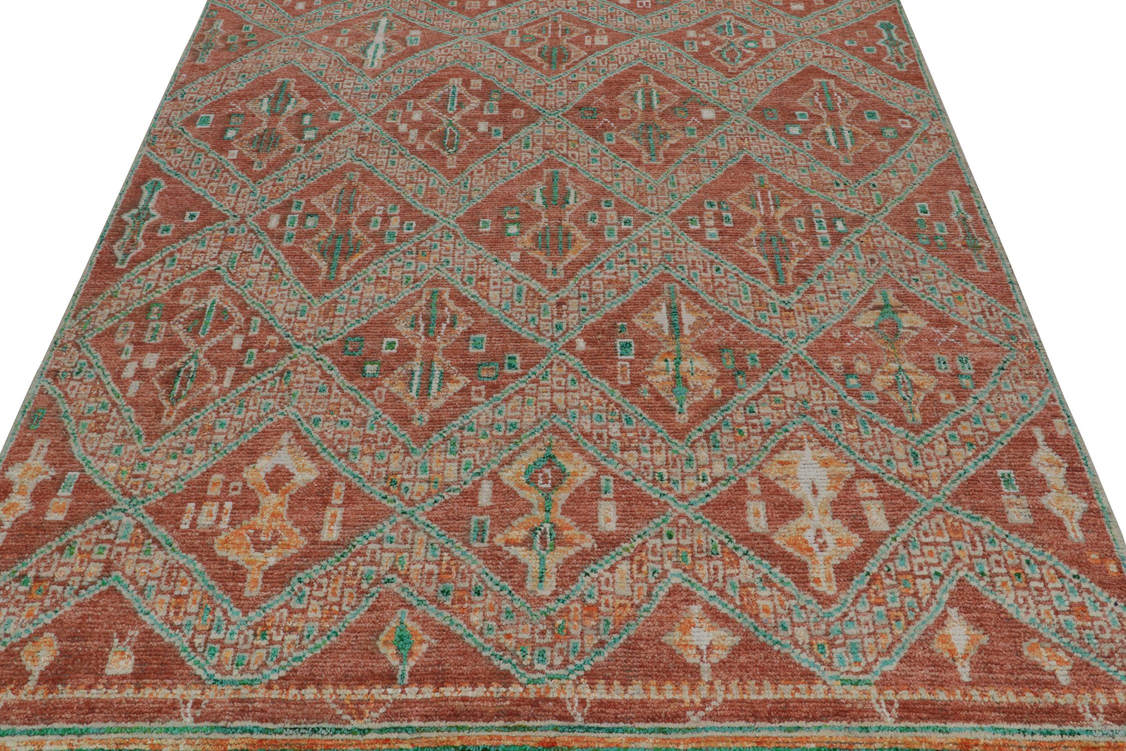 Tribal Rug & Kilim’s Moroccan Style Rug in Rust Red & Green Geometric Pattern For Sale