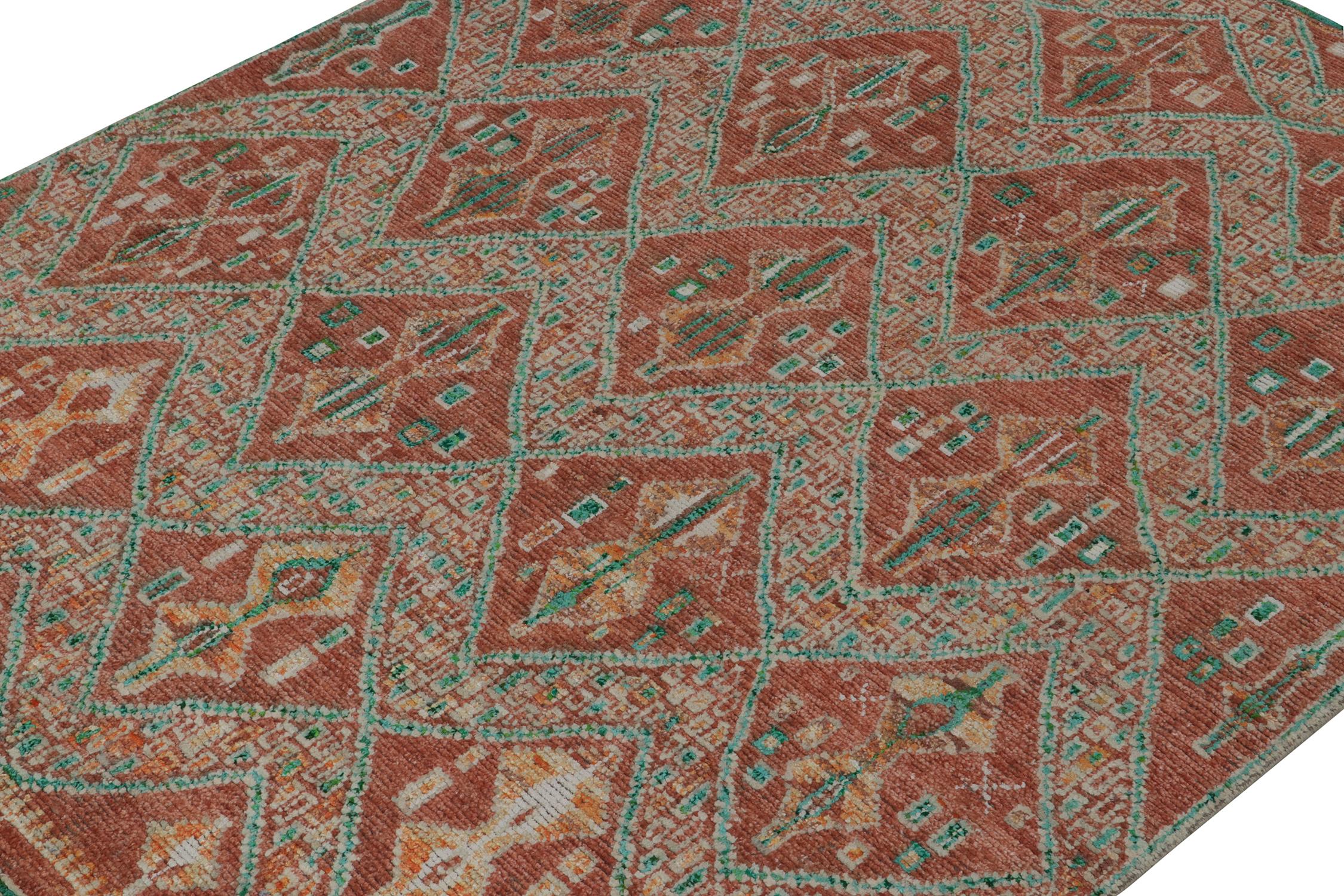 Indian Rug & Kilim’s Moroccan Style Rug in Rust Red & Green Geometric Pattern For Sale