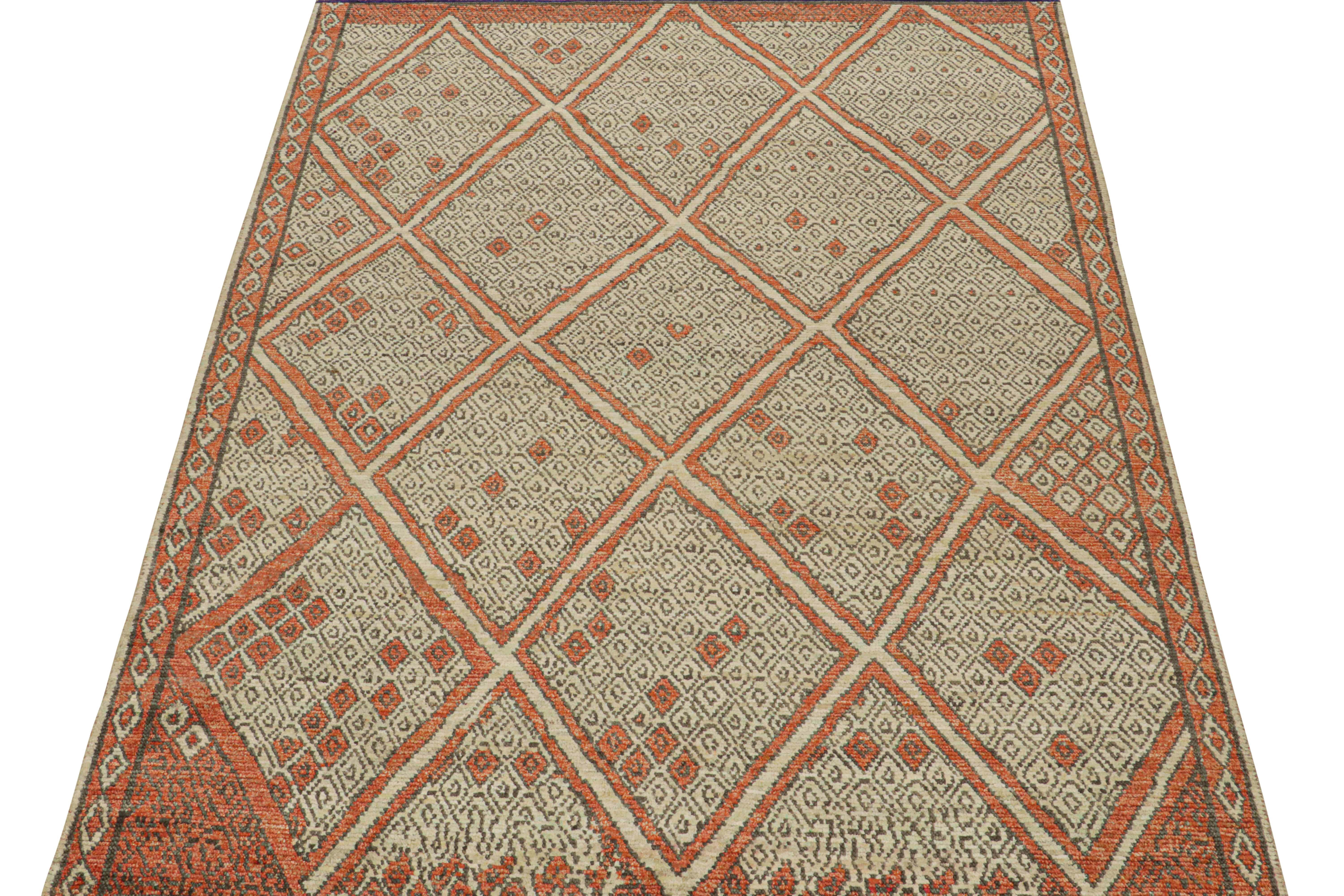 This 8x10 rug is a new addition to Rug & Kilim’s Moroccan rug collection. Hand-knotted in wool and silk, its design recaptures the classic tribal sensibility in a new modern quality.

This particular design enjoys geometric patterns, and an