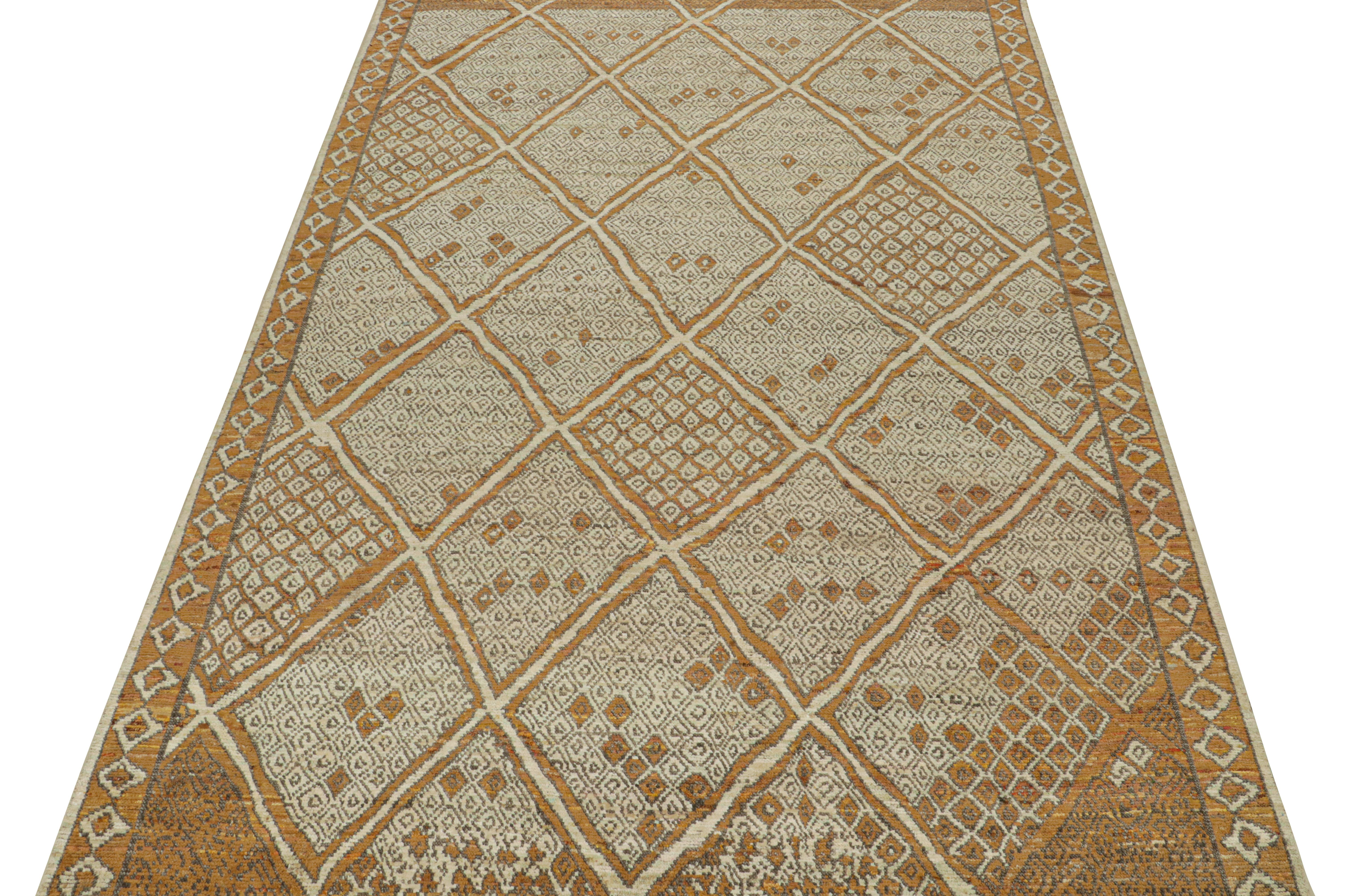 This 10x14 rug is a new addition to Rug & Kilim’s Moroccan rug collection. Hand-knotted in wool and silk, its design recaptures the classic tribal sensibility in a new modern quality.

This particular design enjoys geometric patterns, and an