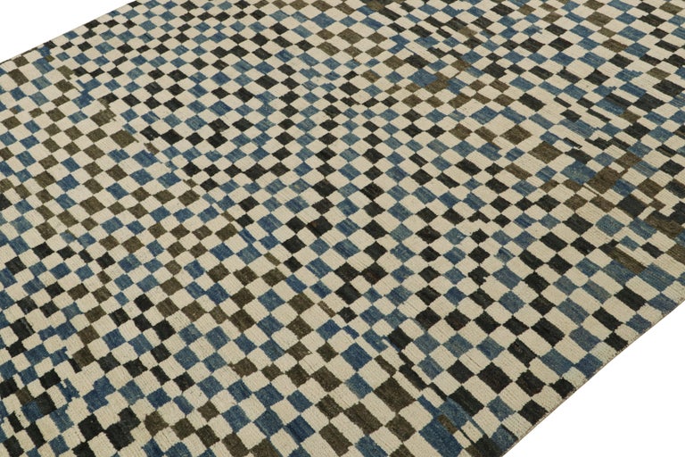 Rug and Kilim’s Moroccan Style Rug in White, Blue and Brown Checkered ...