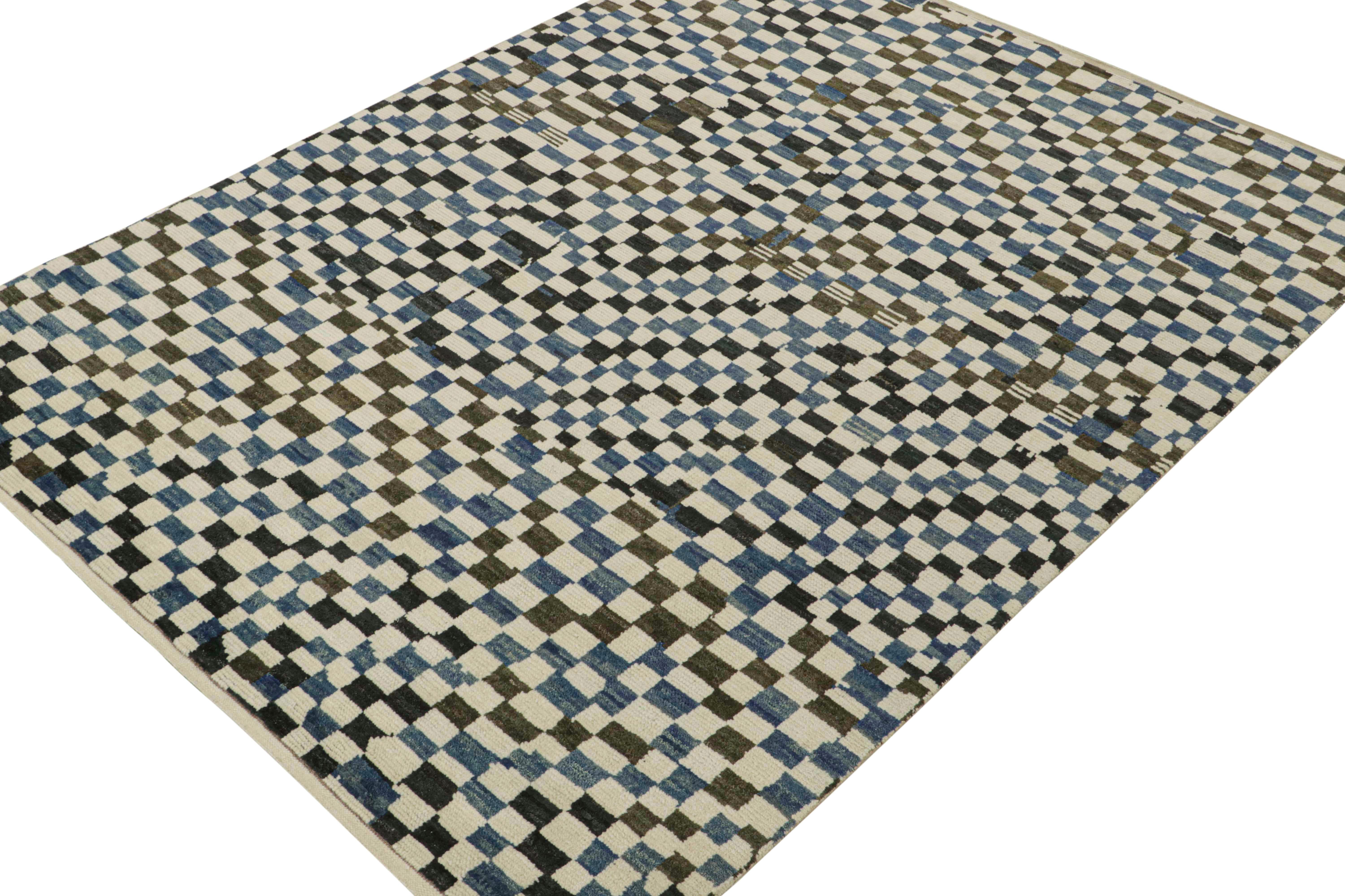 Tribal Rug & Kilim’s Moroccan Style Rug in White, Blue and Brown Checkered Pattern For Sale