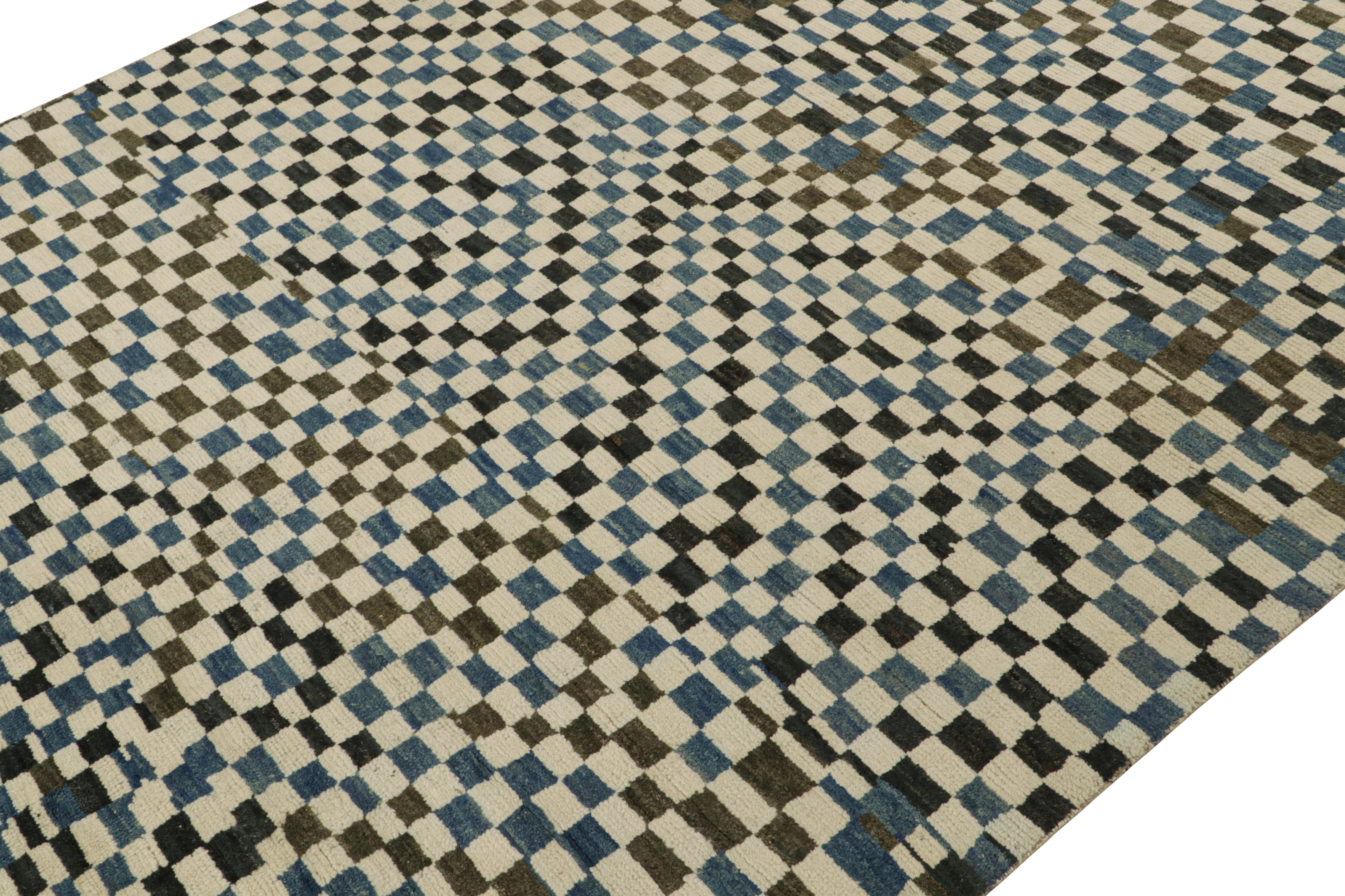 Tribal Rug & Kilim’s Moroccan Style Rug in White, Blue and Brown Checkered Pattern For Sale