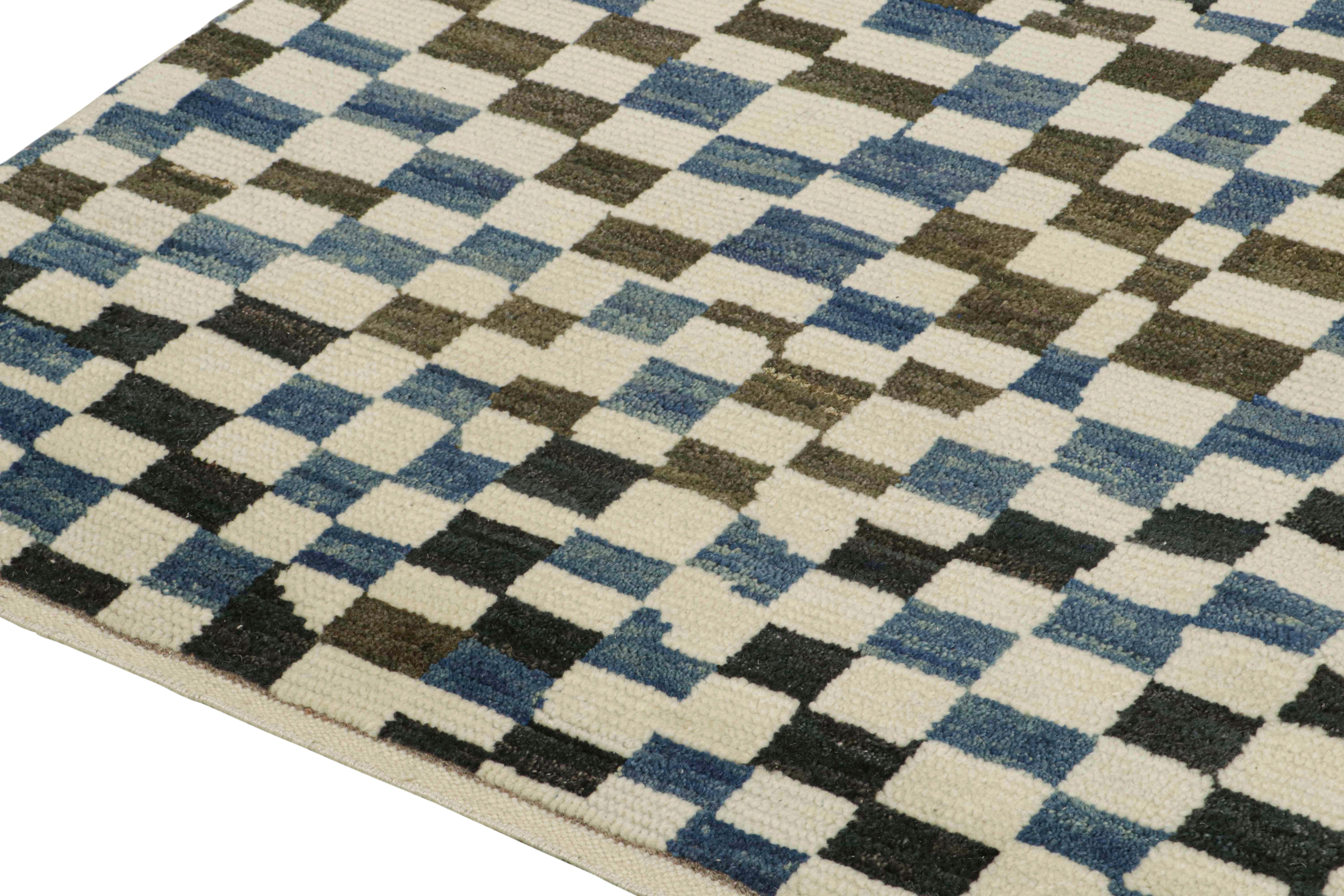 Hand-Knotted Rug & Kilim’s Moroccan Style Rug in White, Blue and Brown Checkered Pattern For Sale