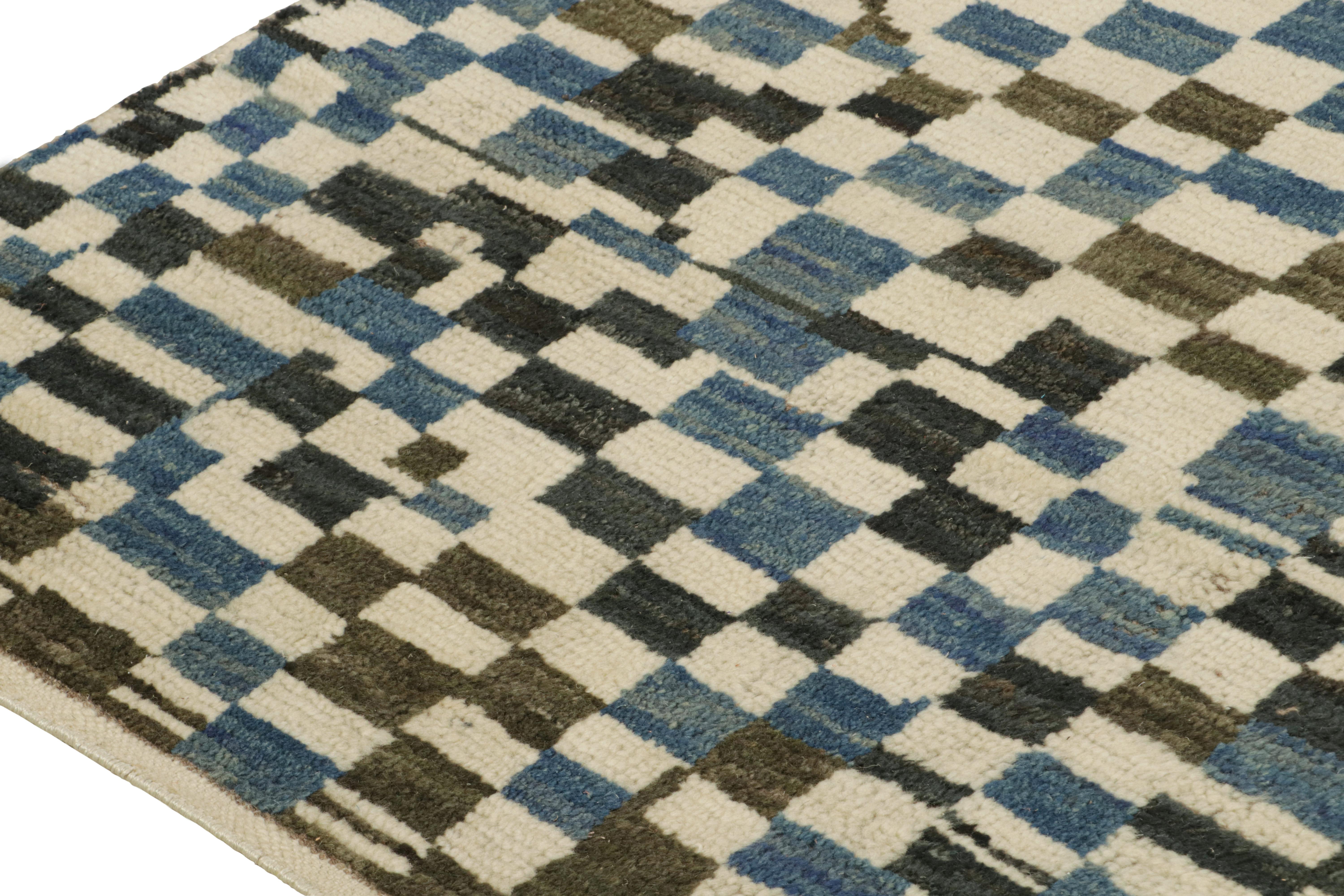 Hand-Knotted Rug & Kilim’s Moroccan Style Rug in White, Blue and Brown Checkered Pattern For Sale