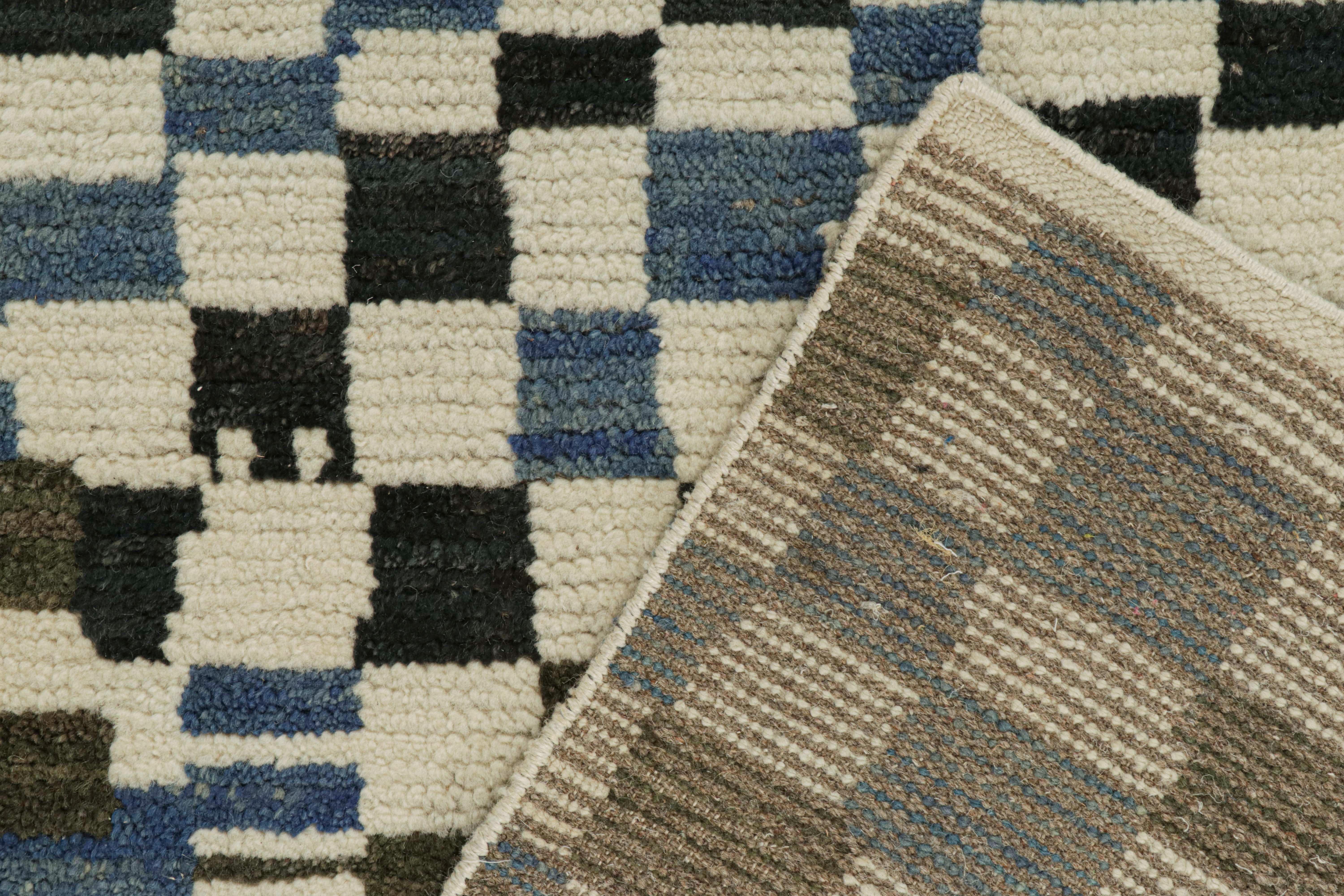 Contemporary Rug & Kilim’s Moroccan Style Rug in White, Blue and Brown Checkered Pattern For Sale