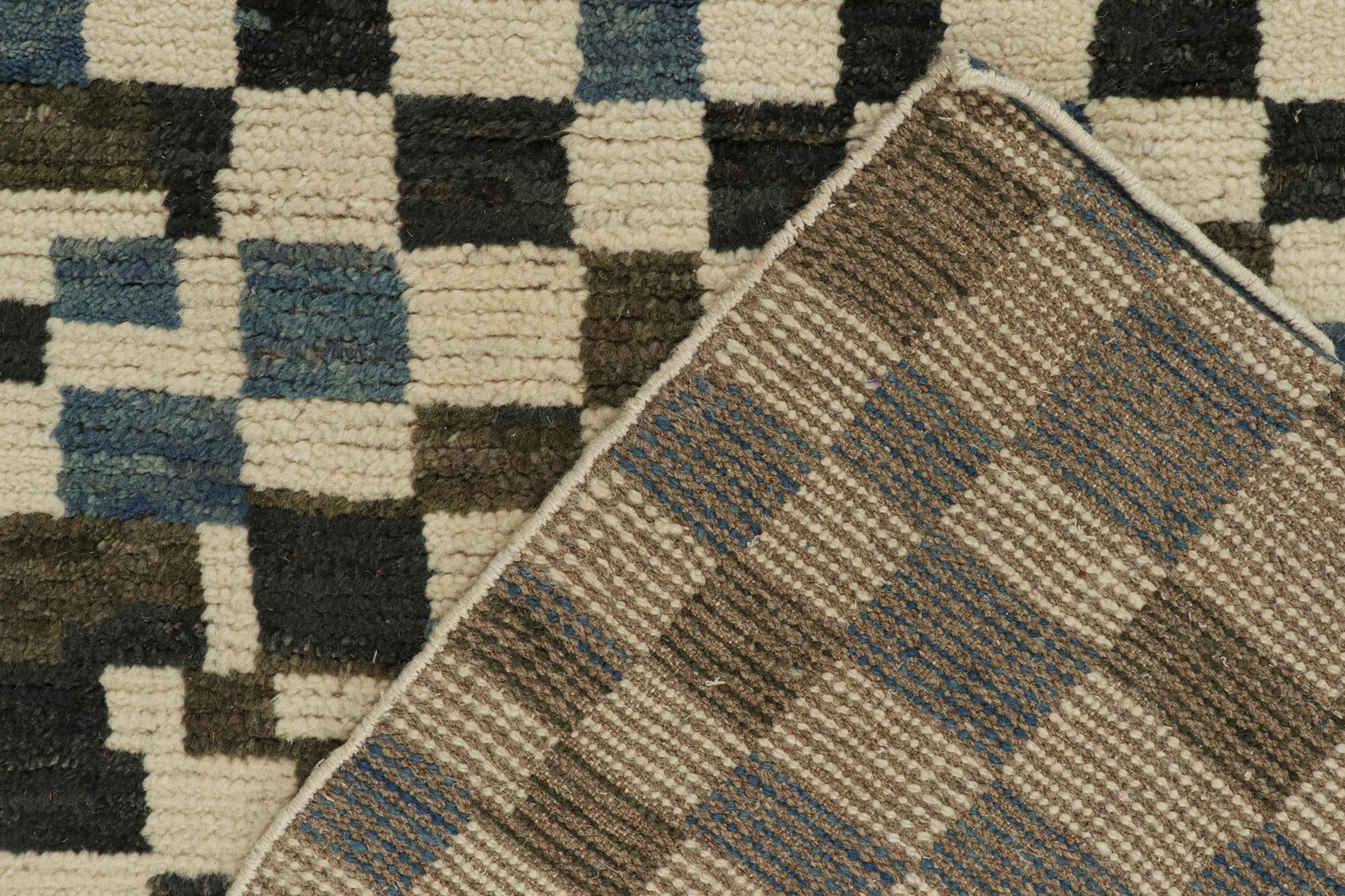 Contemporary Rug & Kilim’s Moroccan Style Rug in White, Blue and Brown Checkered Pattern For Sale