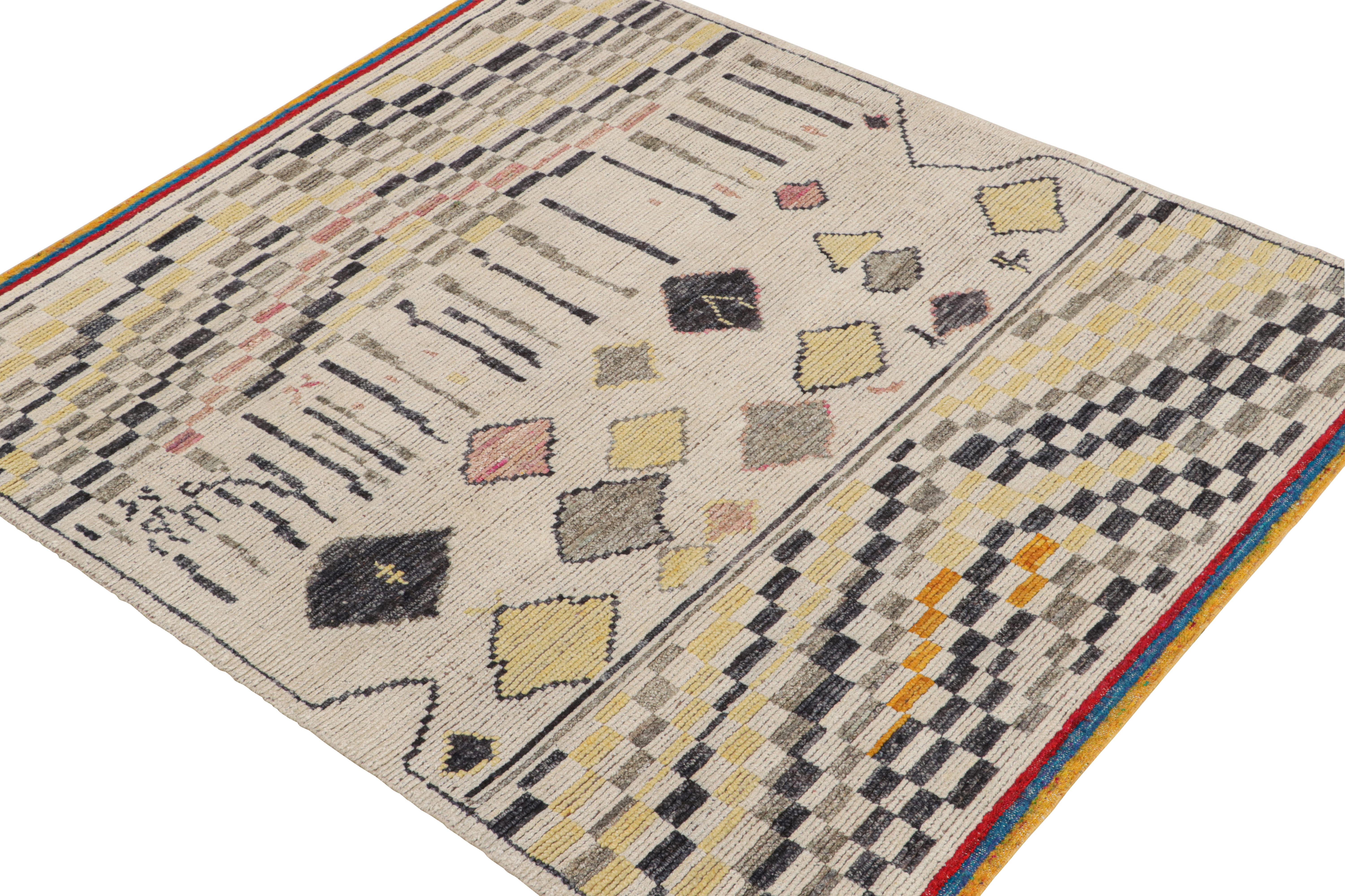This contemporary 6x7 rug is the newest entry to Rug & Kilim's new Moroccan Collection—a bold take on the iconic style. Hand-knotted in a blend of wool, silk, and cotton.
Further on the Design:
The design takes inspiration from playful archaic
