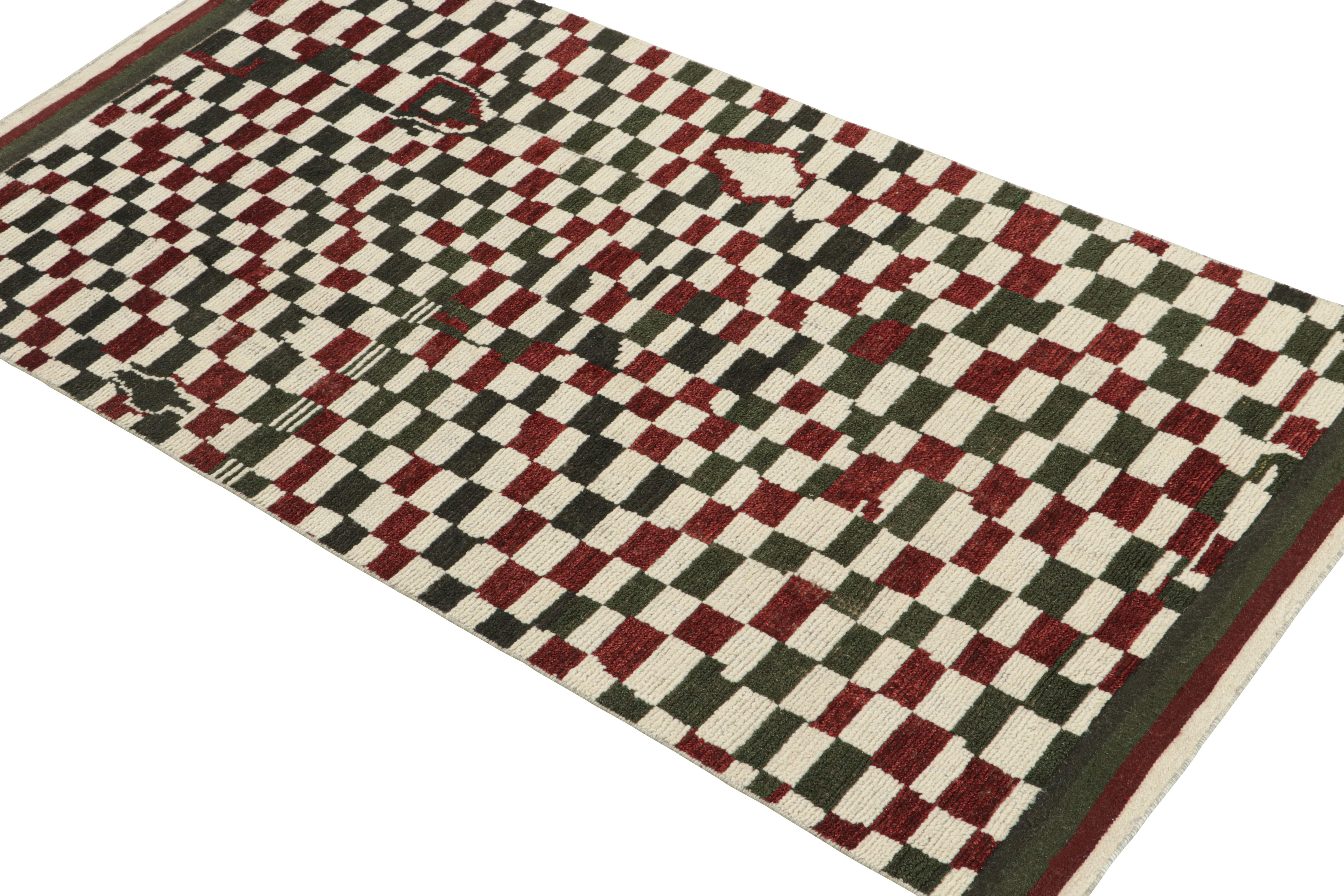 Tribal Rug & Kilim’s Moroccan Style Rug in White, Red and Brown Checkered Pattern For Sale