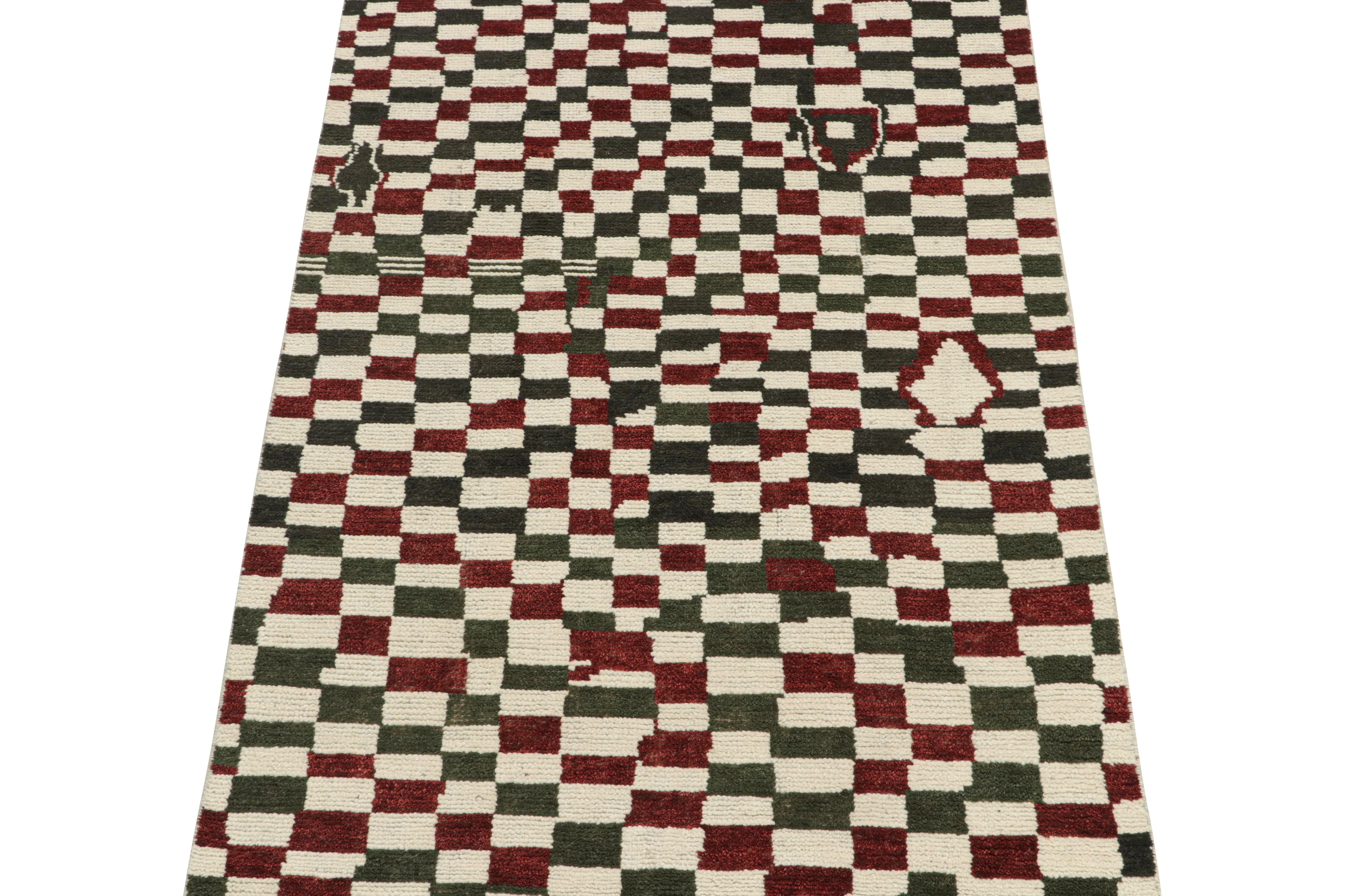 This contemporary 4x8 rug is a grand entry in Rug & Kilim's new Moroccan Collection—a bold take on the iconic style. Hand-knotted in wool, silk, and cotton.
Further on the Design:
The piece draws on archaic checker patterns and lozenges in white,