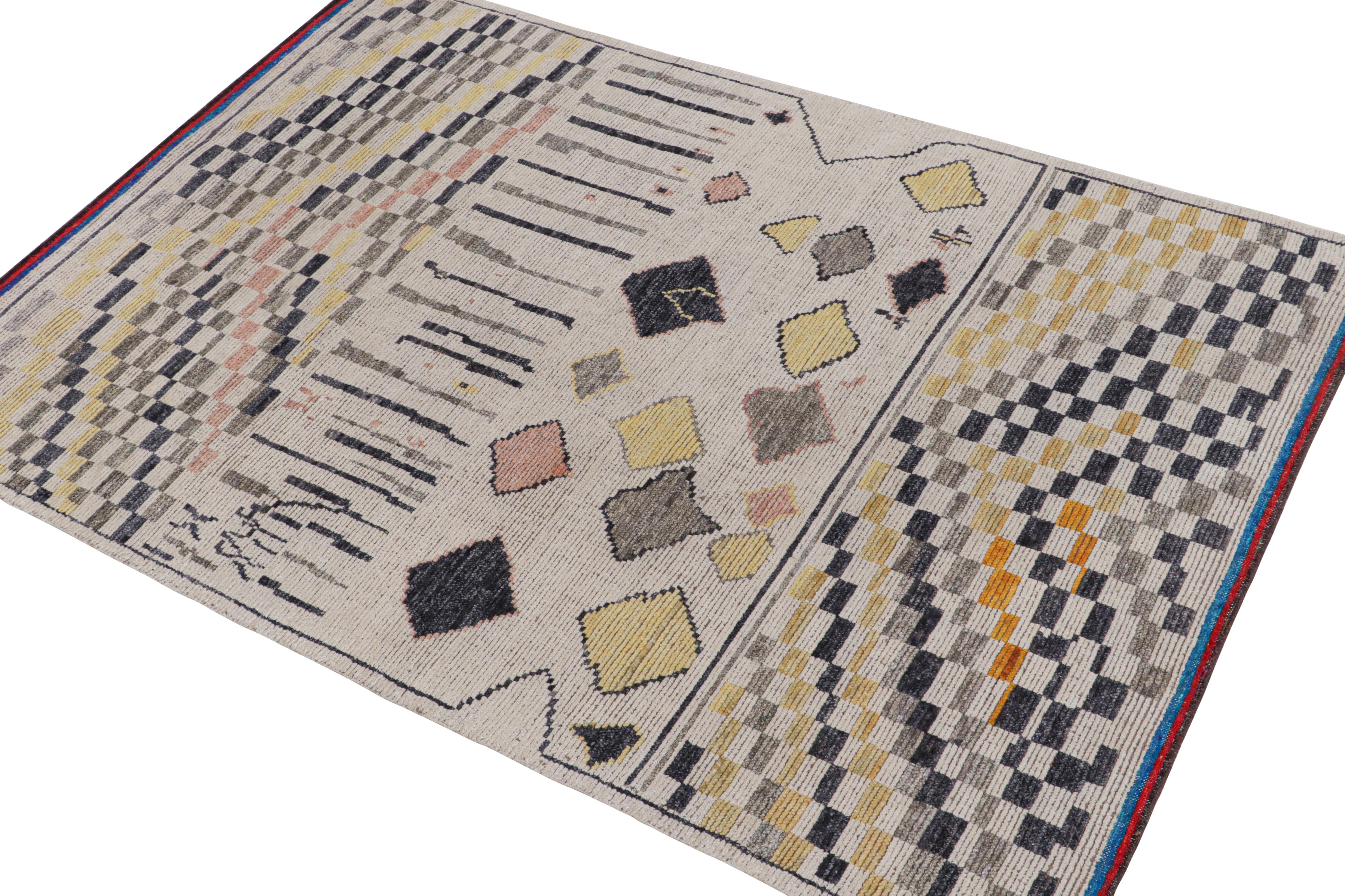 This contemporary 6x9 rug is the newest entry to Rug & Kilim's new Moroccan Collection—a bold take on the iconic style. Hand-knotted in a blend of wool, silk, and cotton.
Further on the Design:
The design takes inspiration from playful archaic