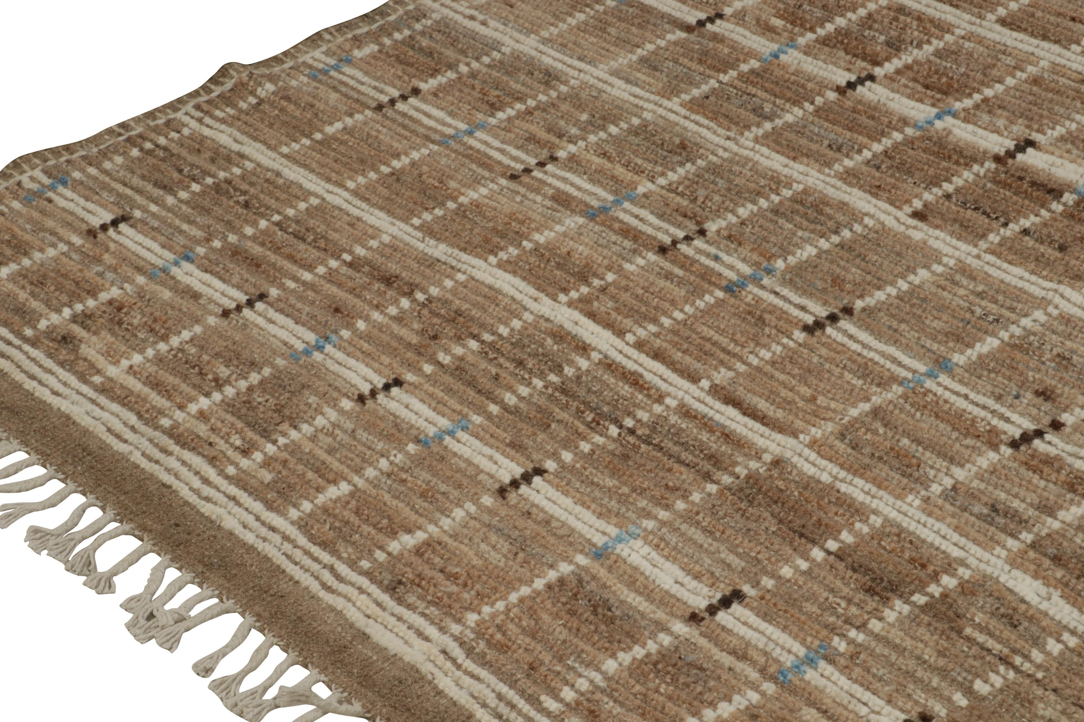 Hand-Knotted Rug & Kilim’s Moroccan Style rug with Beige-Brown Stripes and Geometric Pattern For Sale