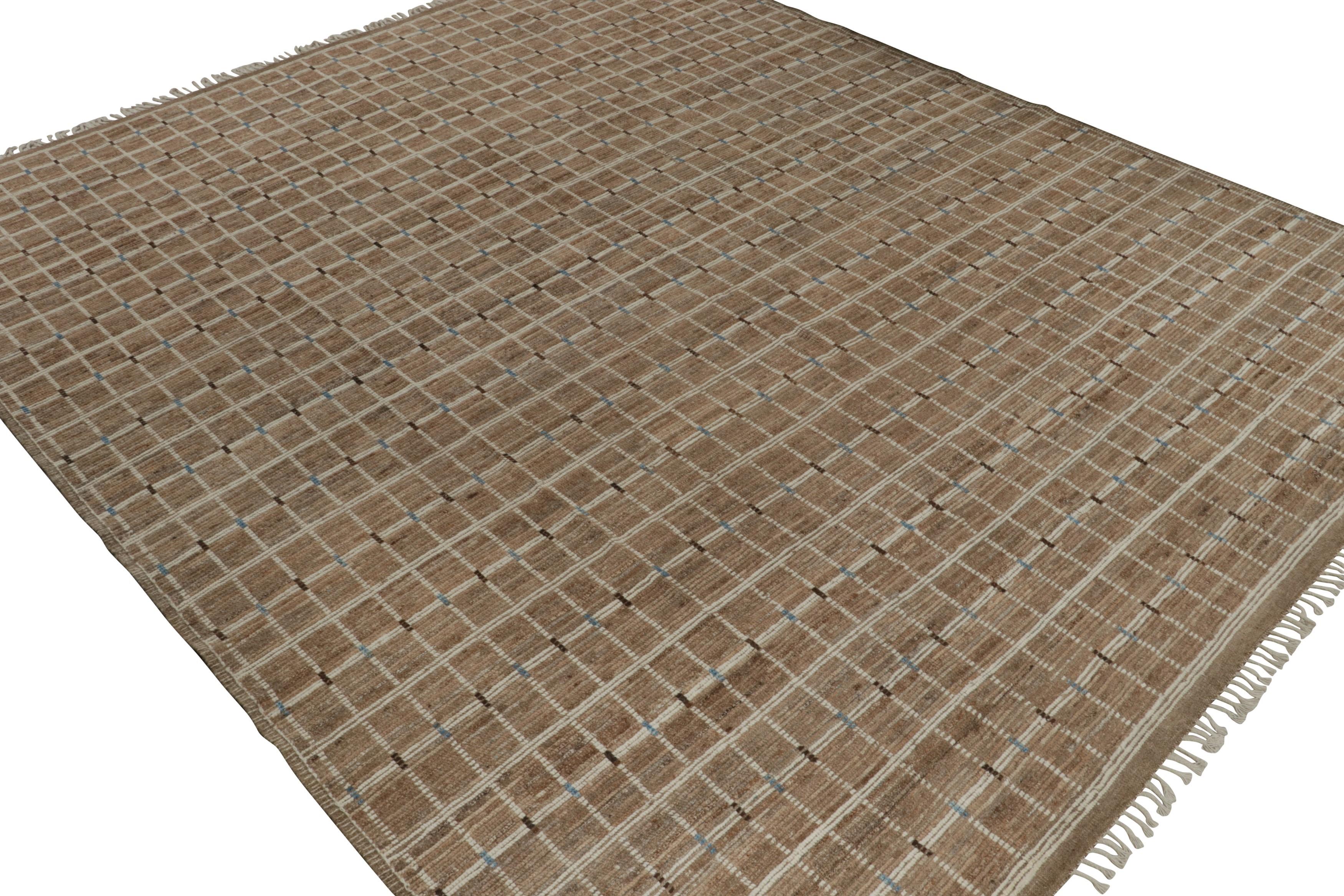 Contemporary Rug & Kilim’s Moroccan Style rug with Beige-Brown Stripes and Geometric Pattern For Sale